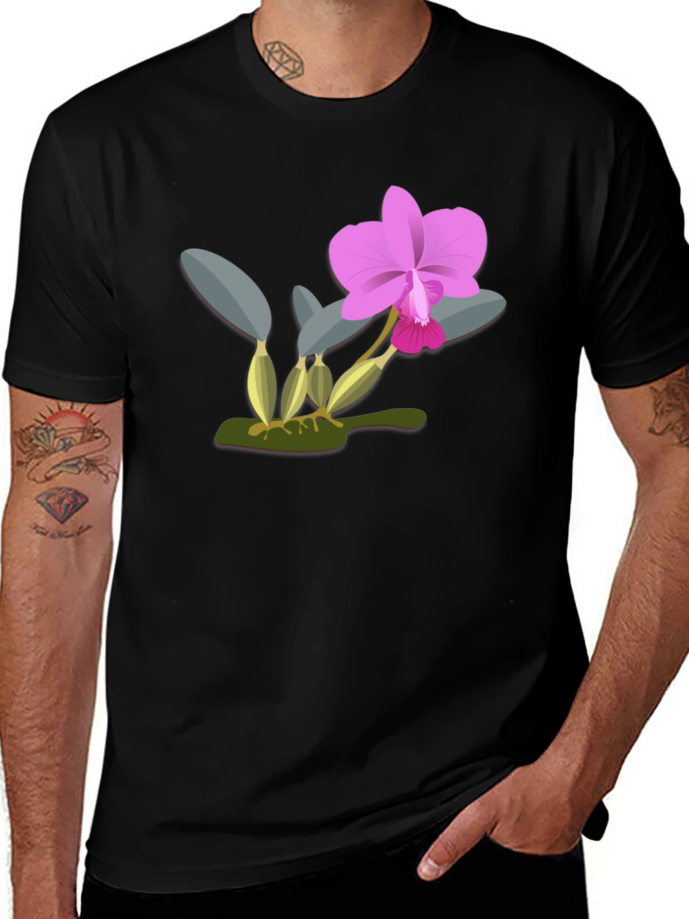 Variant 7 of Floral Orchid Graphic T-Shirt - Stylish Black Tee