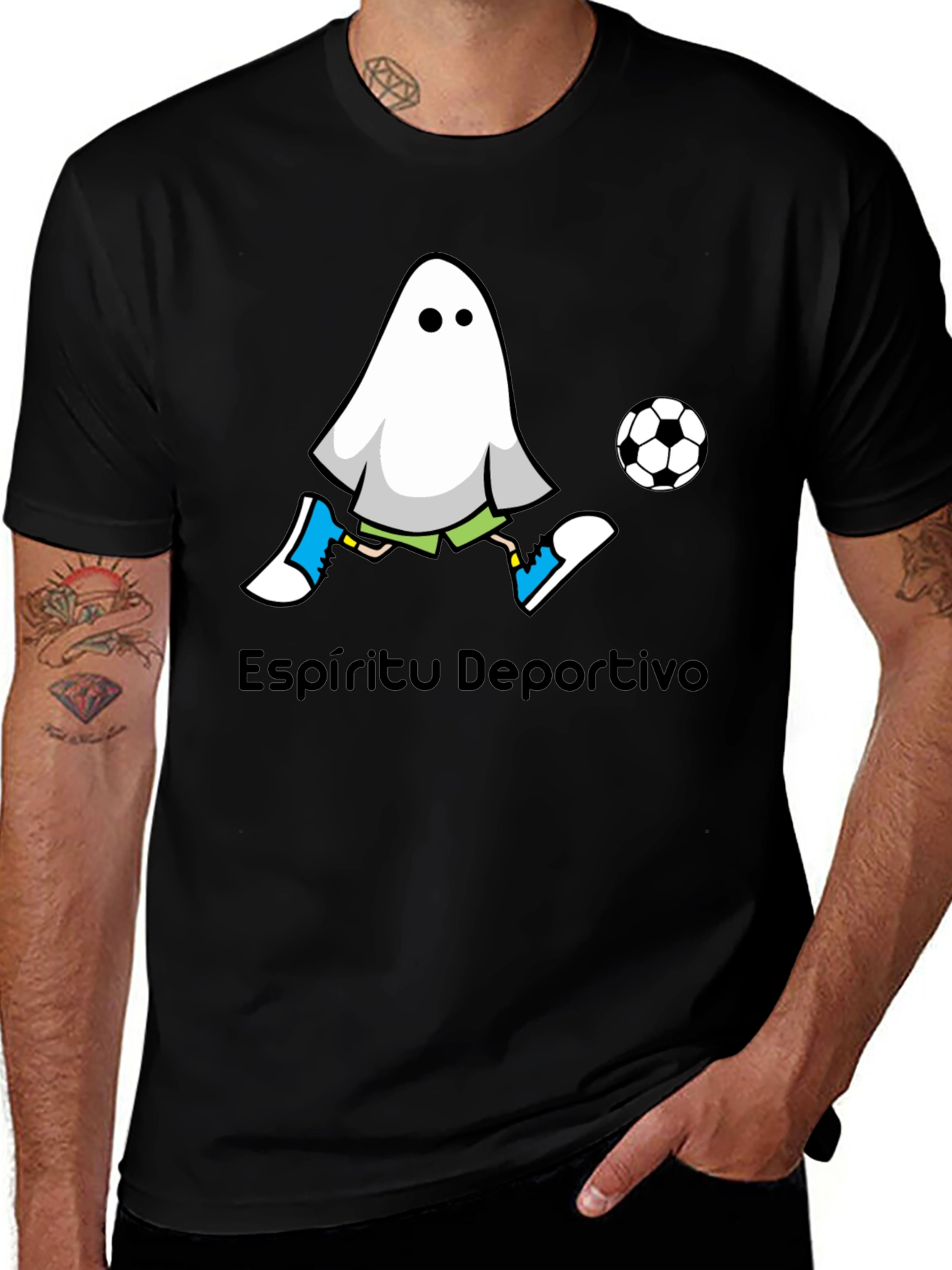 Variant 28 of Funny Ghost Soccer T-Shirt - Espíritu Deportivo Black Tee