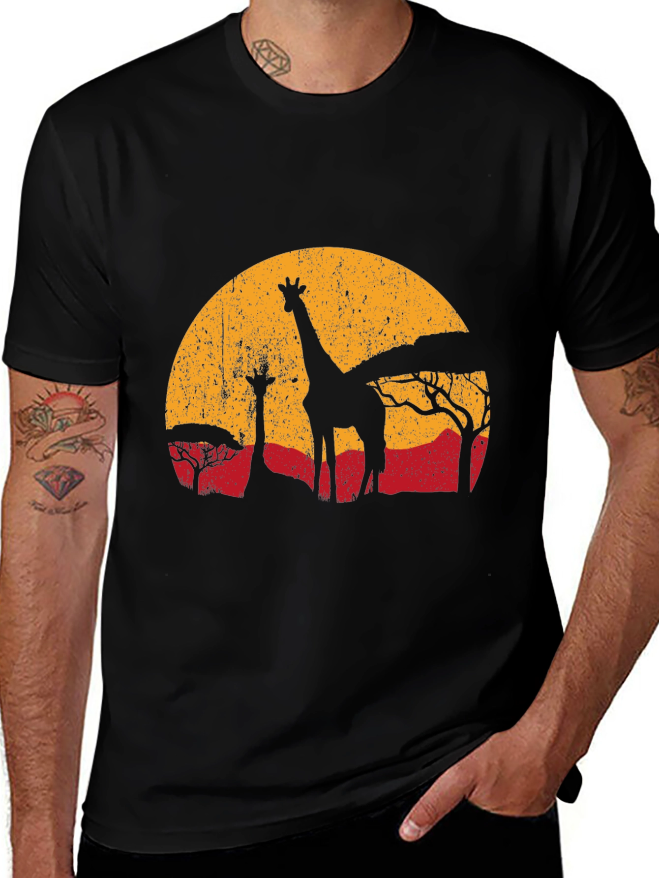 Variant 27 of Giraffe Sunset Graphic Tee - Black Cotton T-Shirt