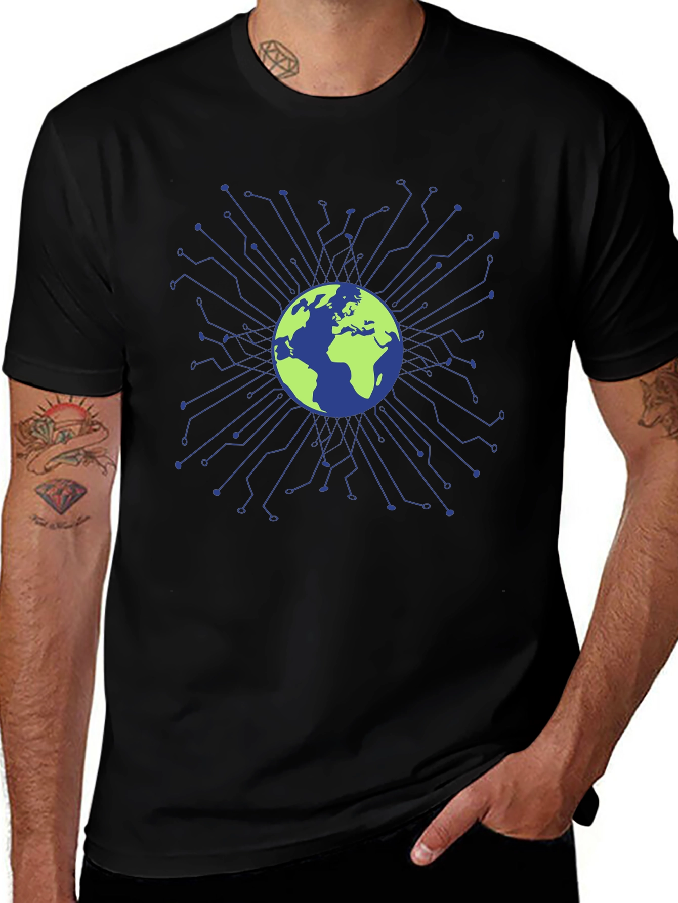 Black Global Tech Circuit T-Shirt - Earth Design main image