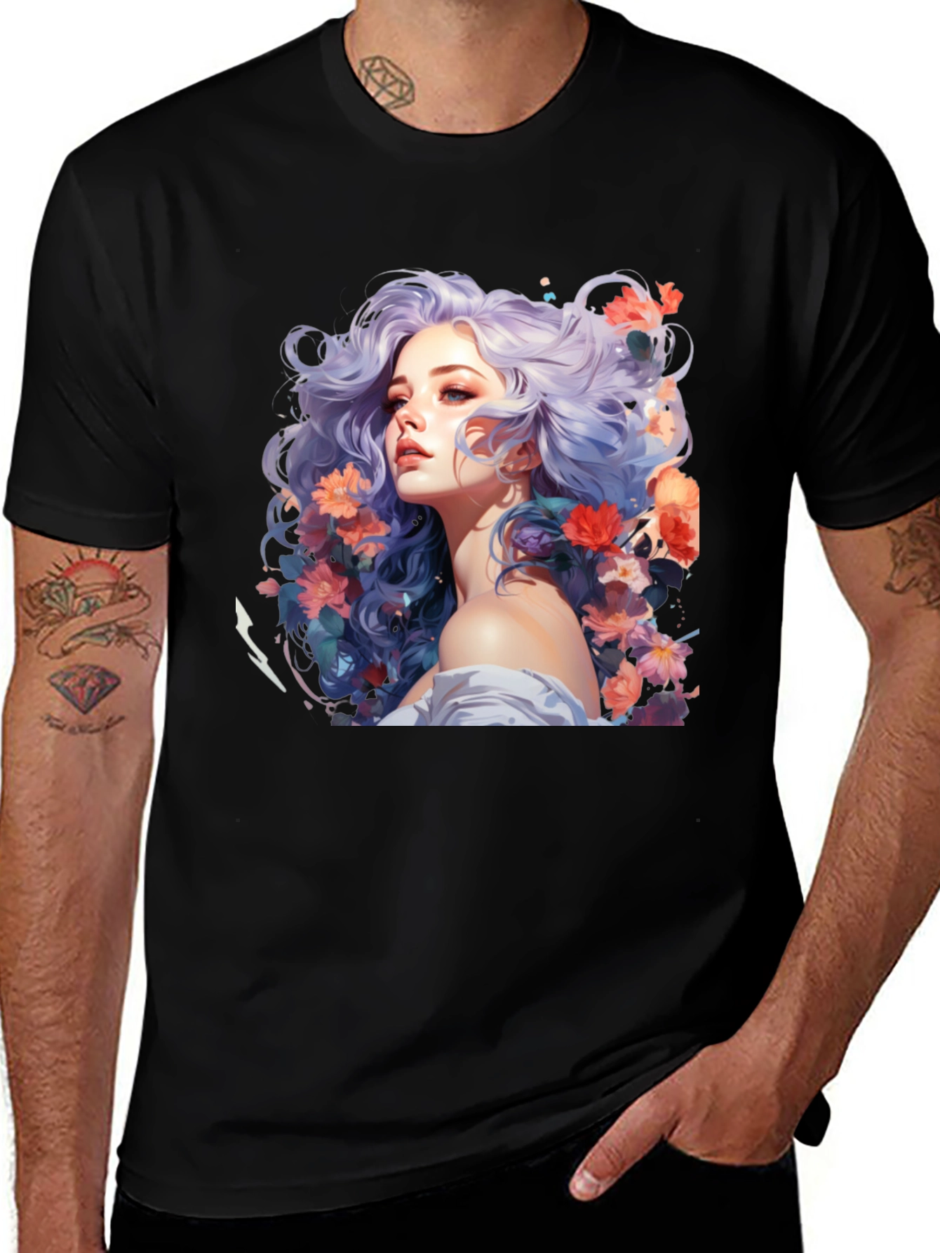 Variant 23 of Floral Fantasy T-Shirt - Artistic Woman Portrait Tee