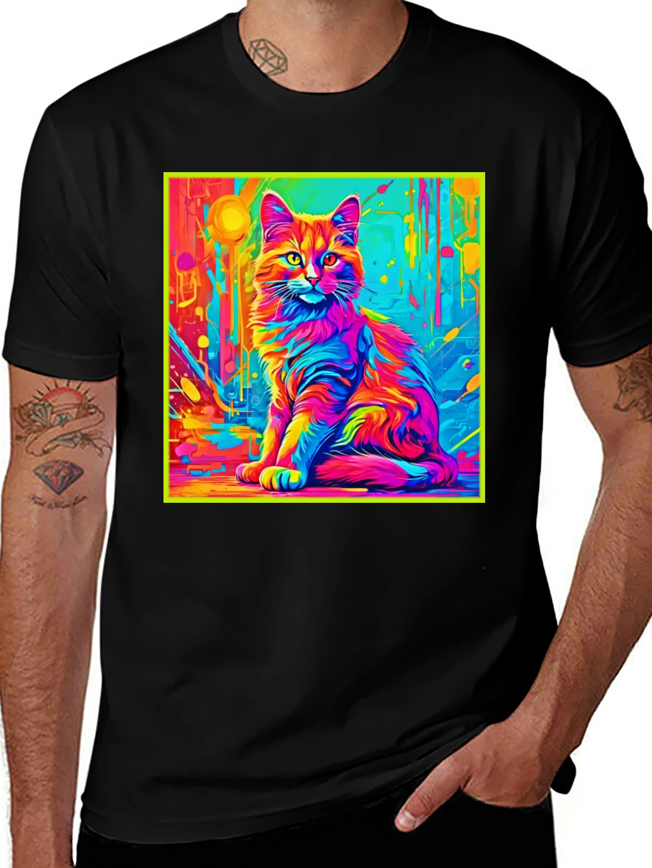 Variant 21 of Psychedelic Cat Graphic T-Shirt - Bold Rainbow Colors