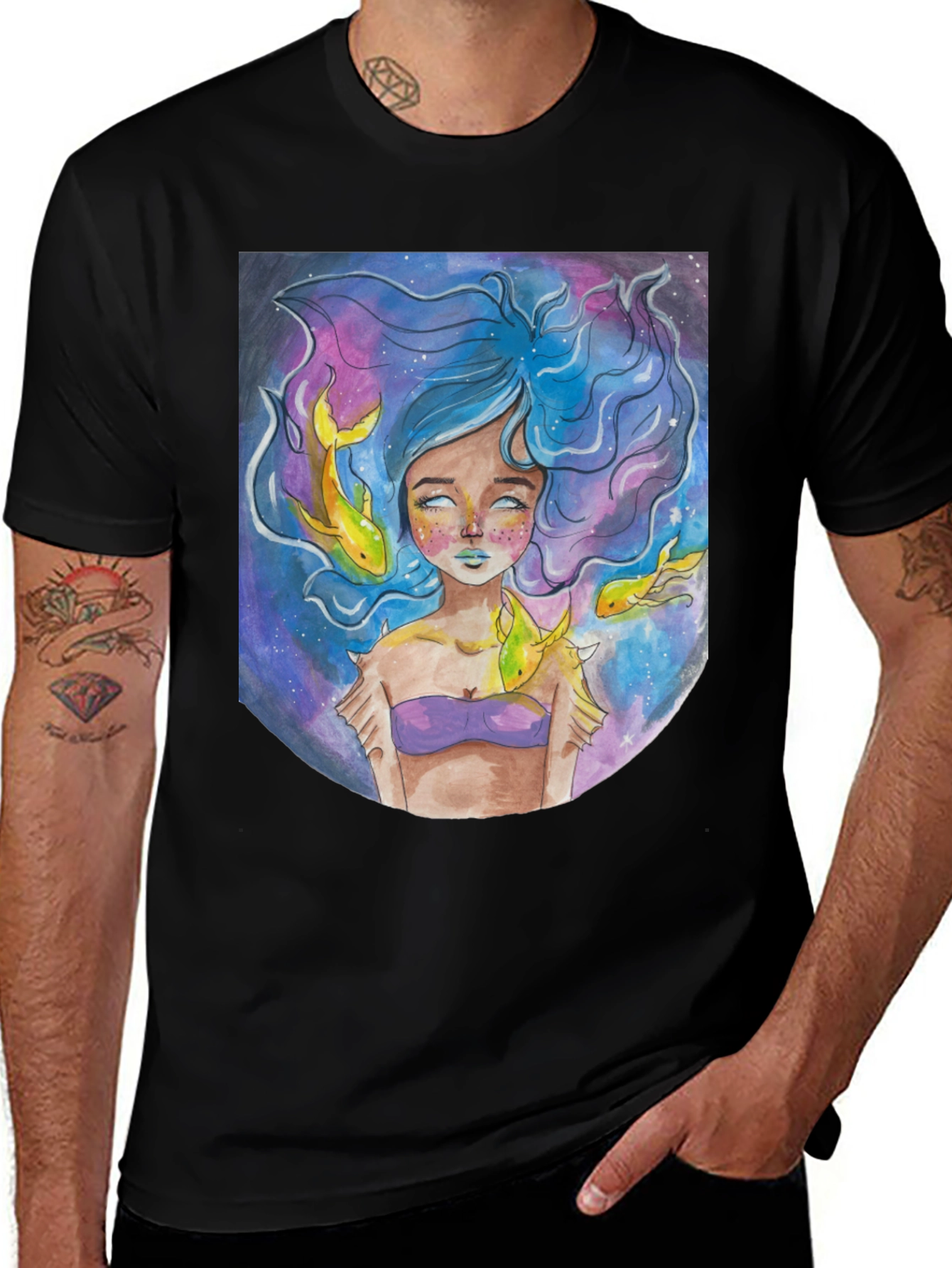 Black Artistic Mermaid Graphic T-Shirt - Unique Fantasy Design main image