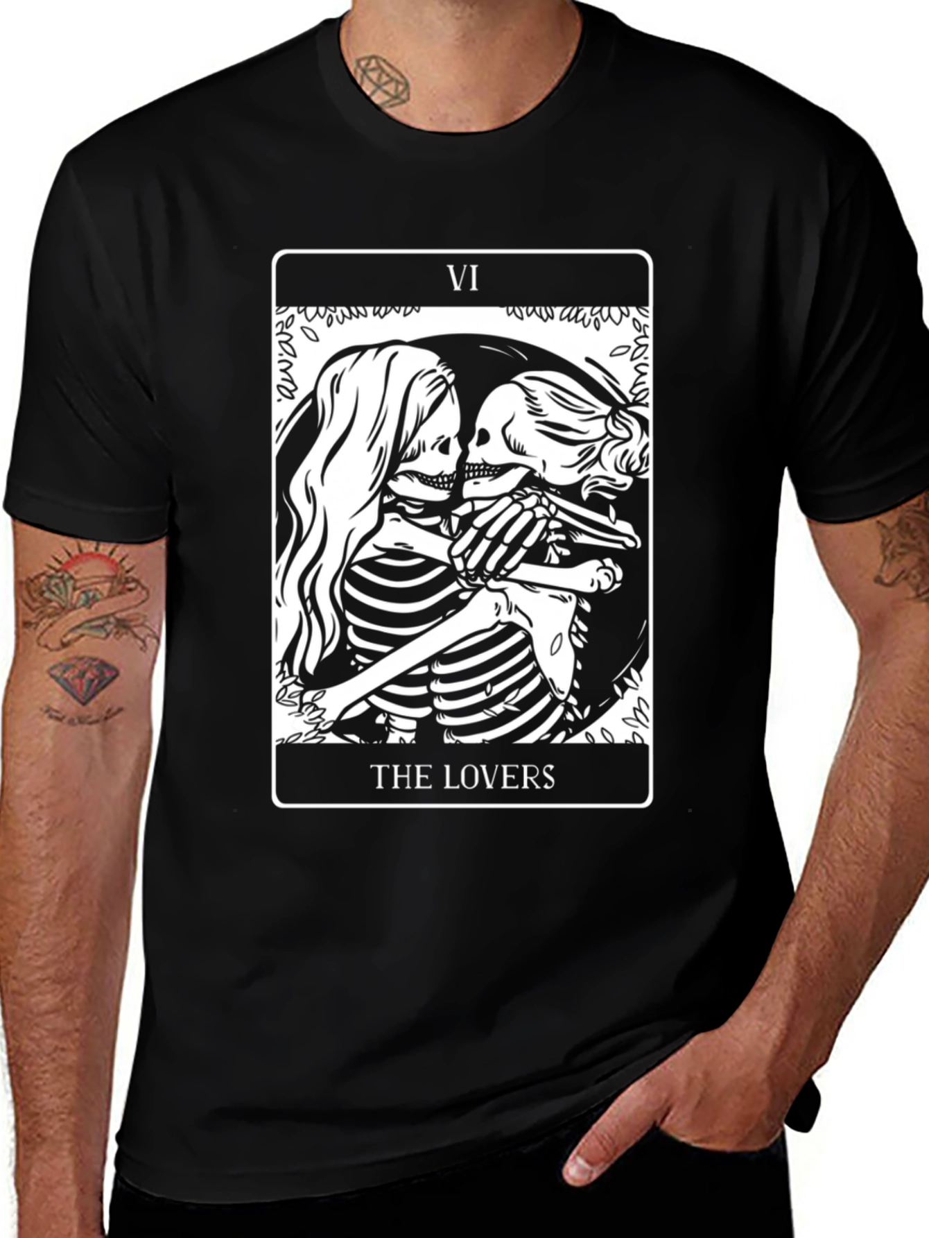 The Lovers Tarot Card Skeleton Graphic Black T-Shirt