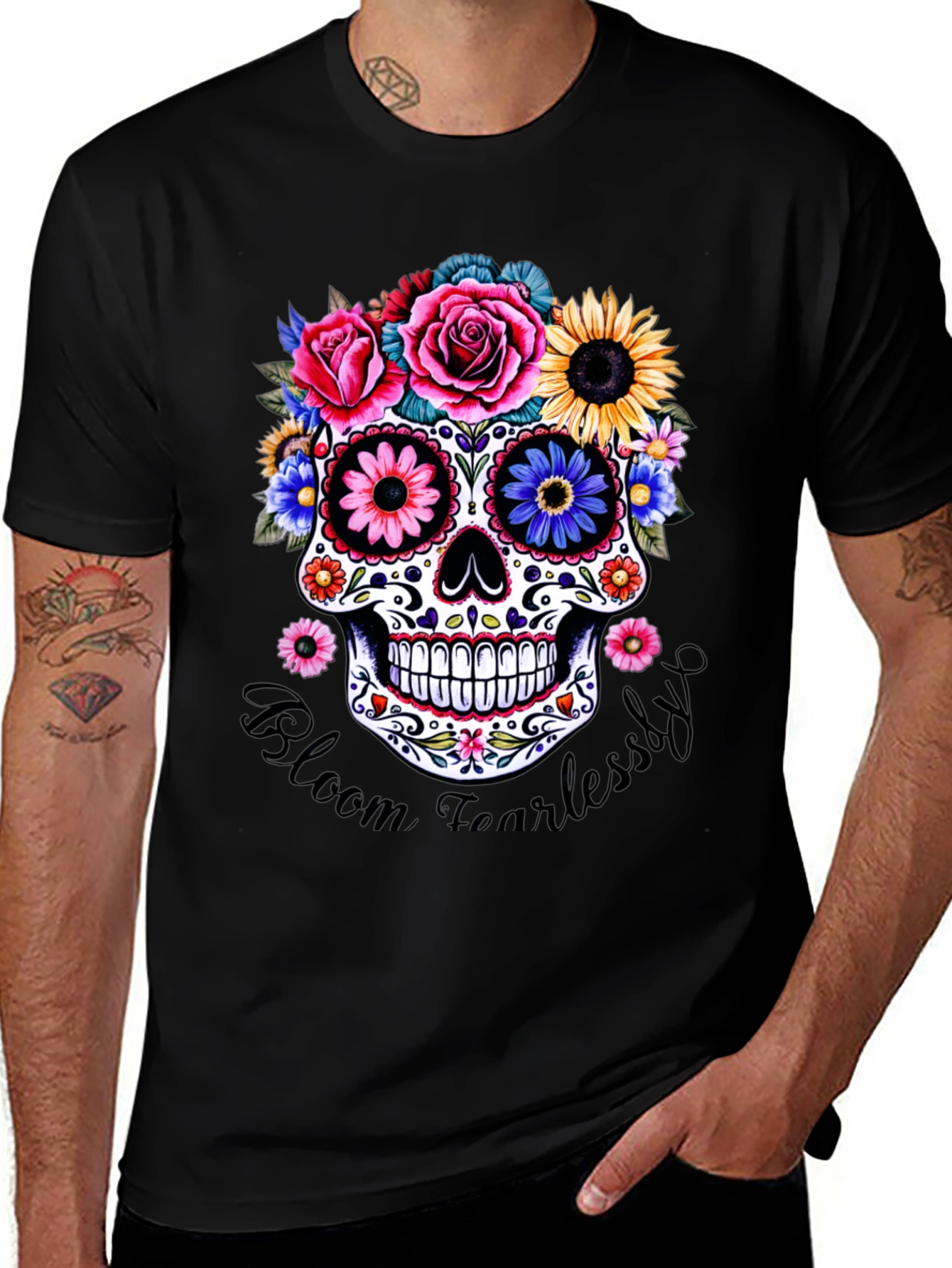 Variant 4 of Floral Sugar Skull Graphic Tee - Bloom Fearlessly
