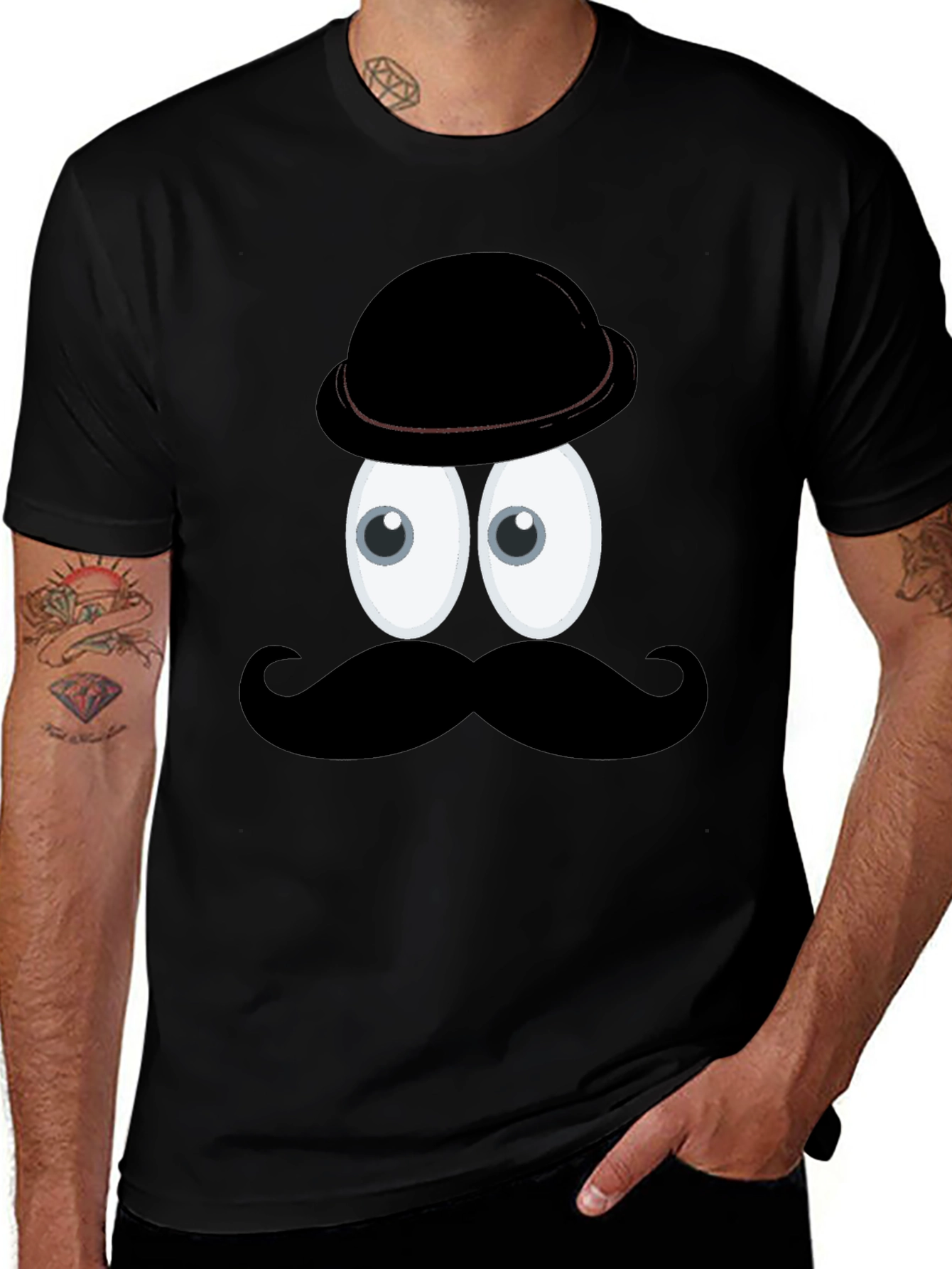 Variant 25 of Funny Mustache & Hat Graphic Tee - Black Cotton T-Shirt