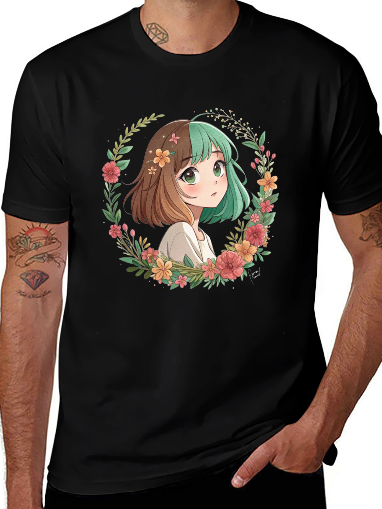 Variant 14 of Anime Girl Floral Wreath Graphic T-Shirt