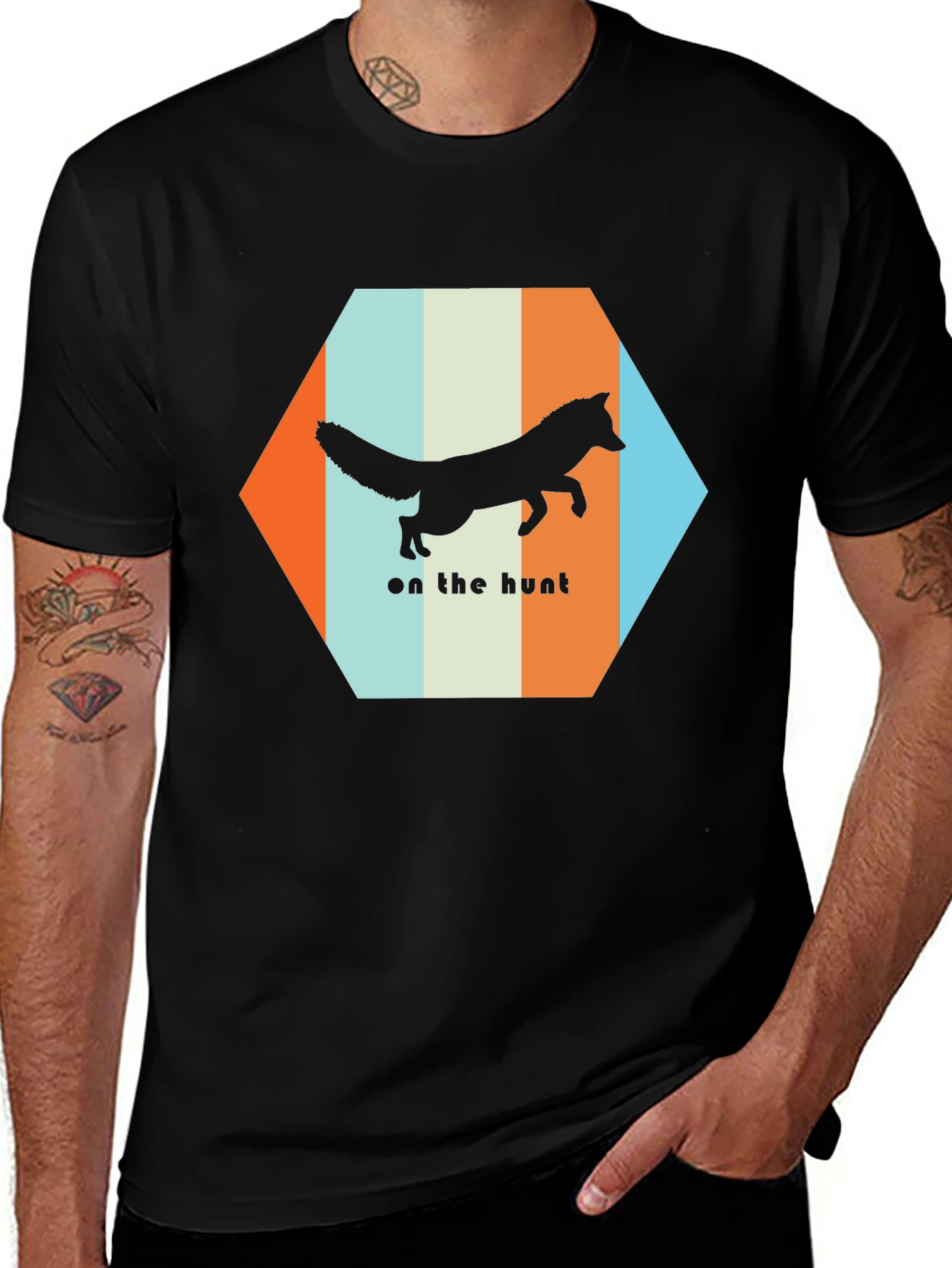 Variant 18 of Retro Fox 'On The Hunt' Graphic Tee - Black Cotton Blend