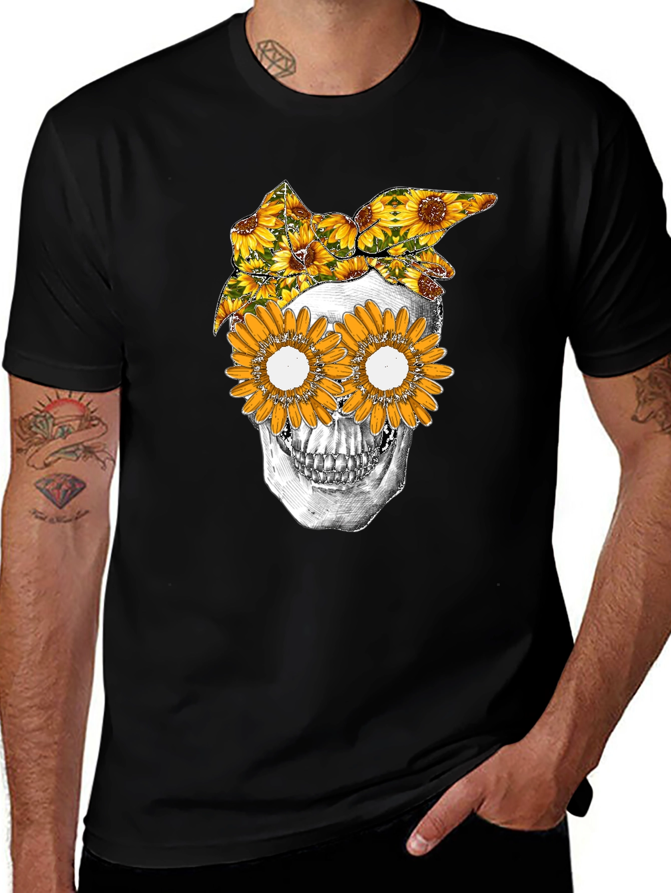 Variant 6 of Skull Sunflower Graphic Tee - Black