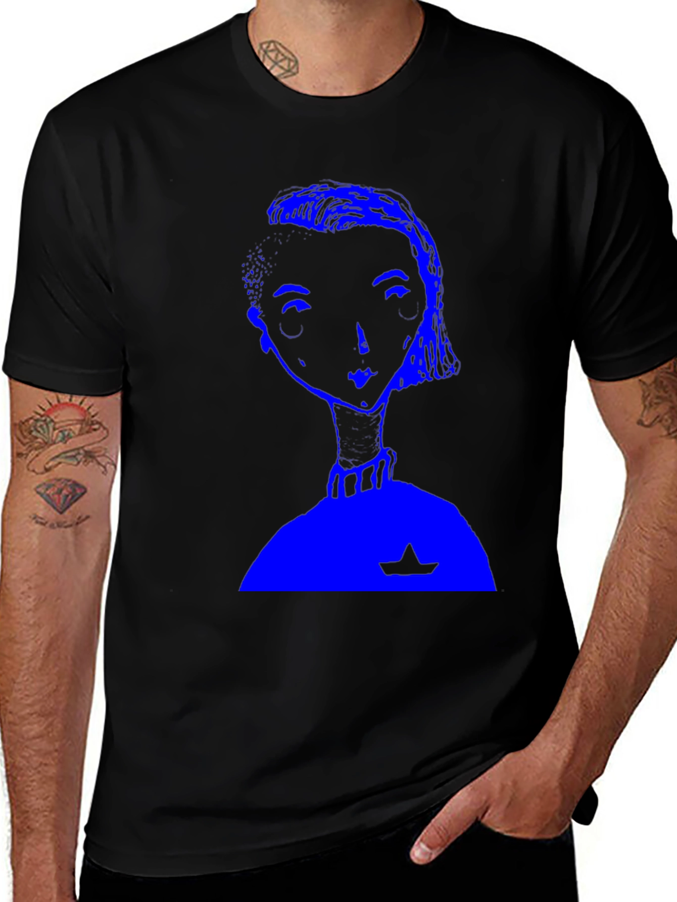 Variant 8 of Unique Graphic Tee: Stylish Blue Portrait on Black Cotton
