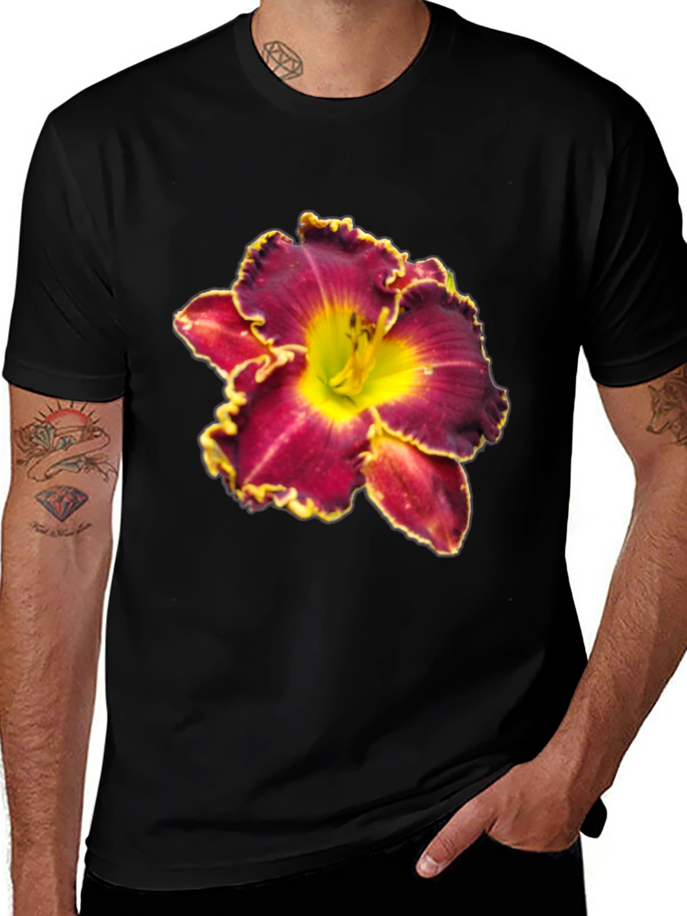 Floral T-Shirt: Maroon & Yellow Lily Design
