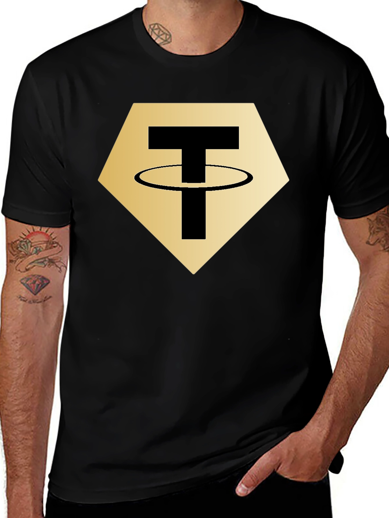 Tether Crypto T-Shirt - Black - Gold Hexagon Design