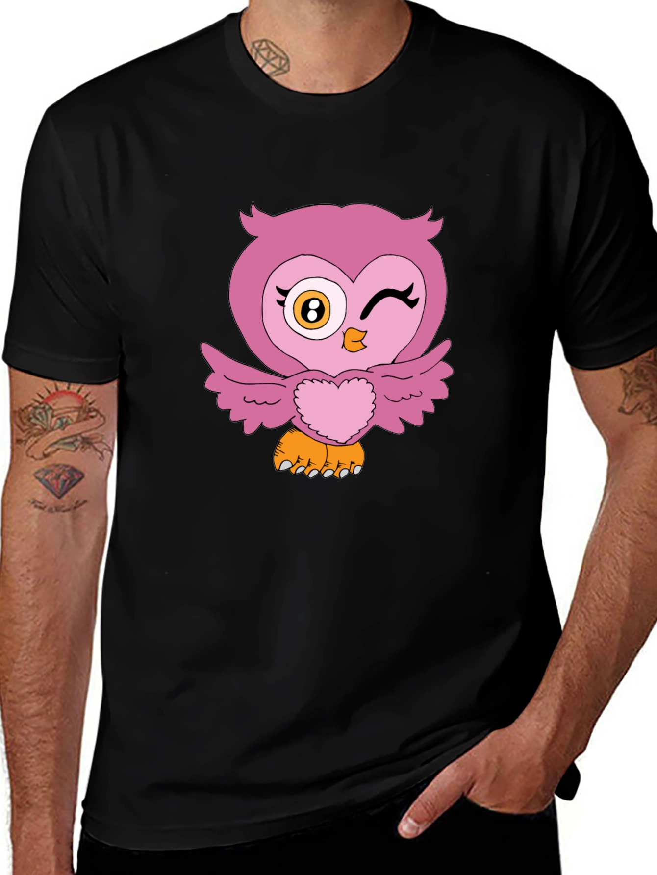 Cute Pink Owl Graphic Print Black T-Shirt