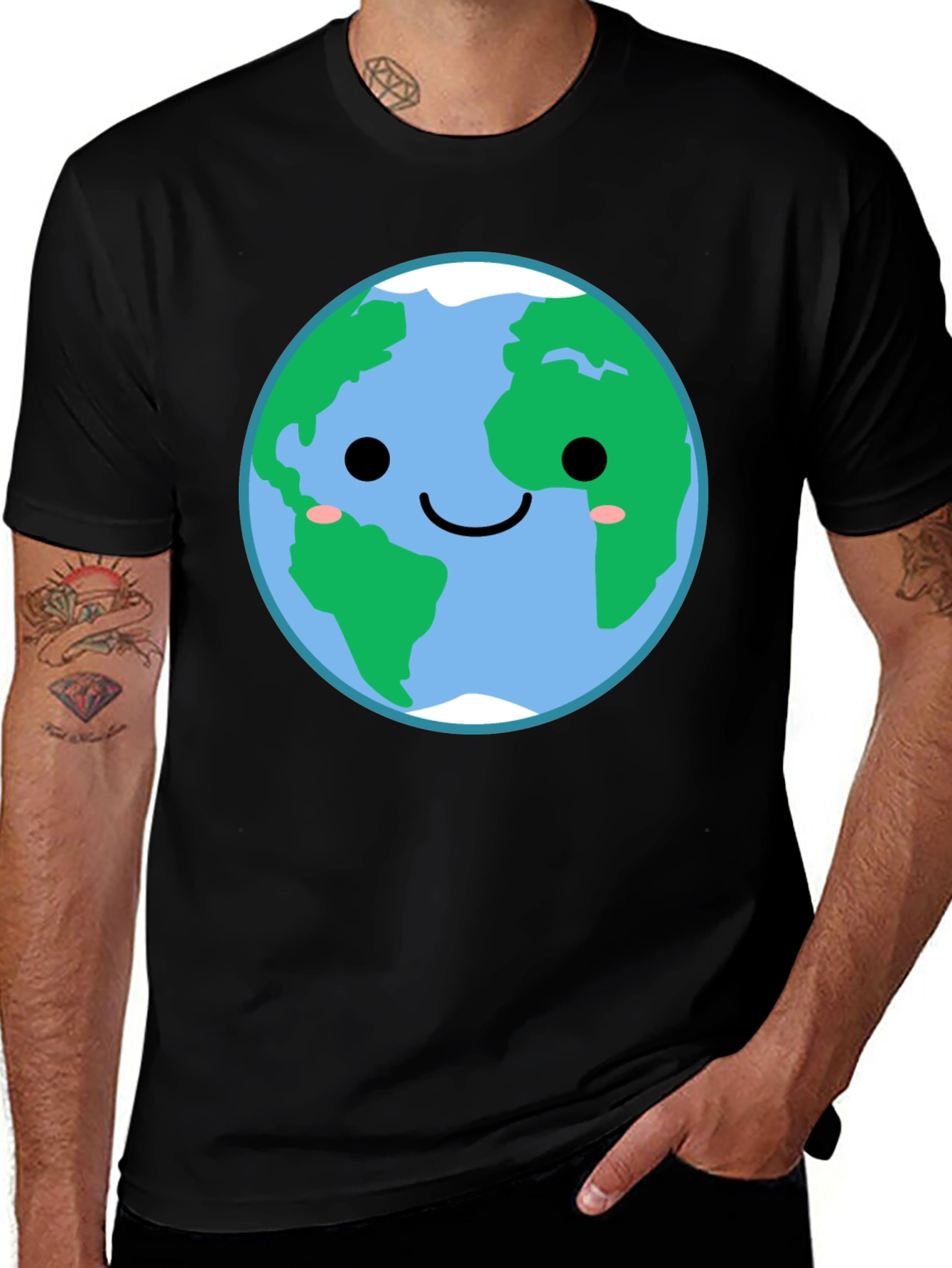Cute Earth Graphic Tee - Black Crewneck Shirt