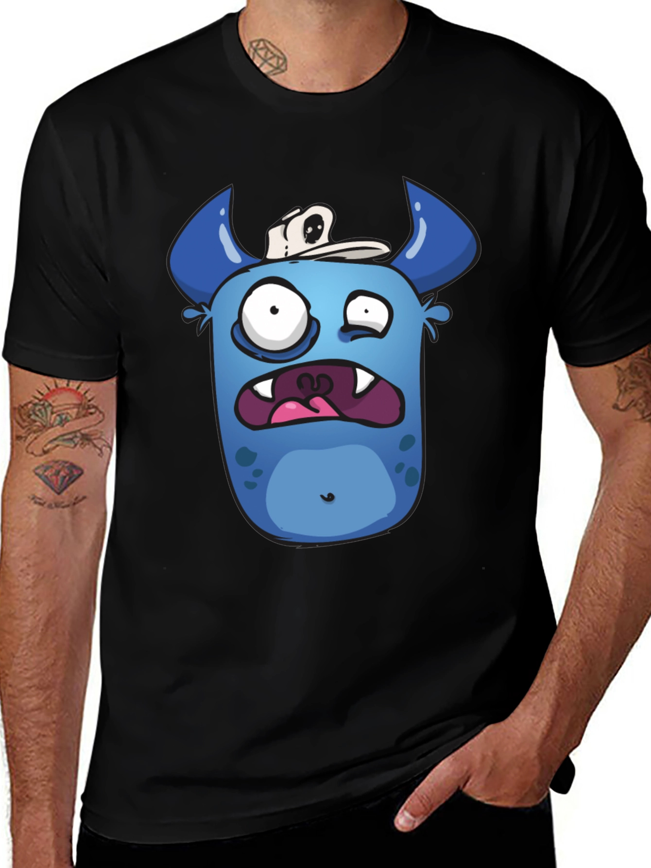 Variant 16 of Funny Blue Monster Graphic T-Shirt - Black Cotton