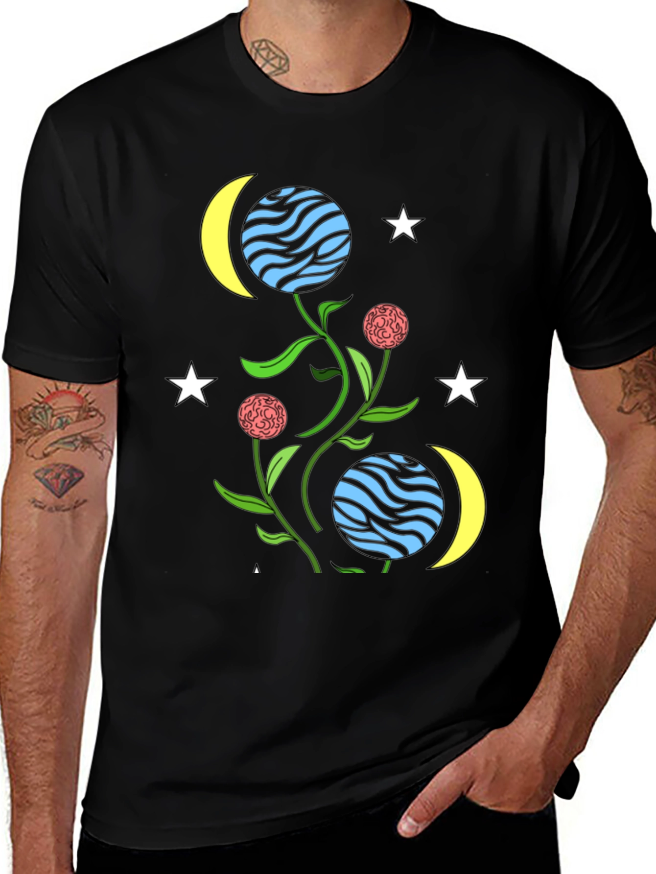 Variant 28 of Cosmic Floral T-Shirt - Stars, Moons, & Planets Design