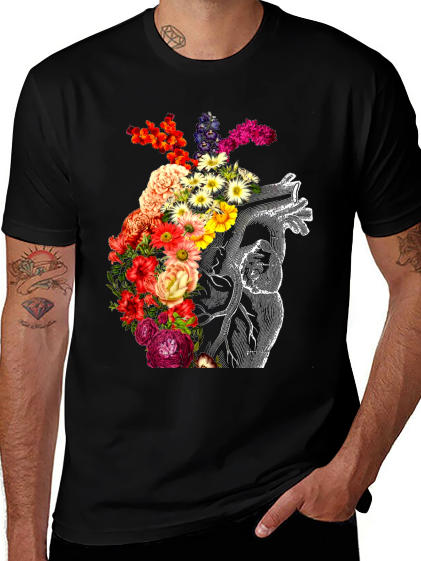 Black Floral Heart Graphic Tee - Anatomical Love main image