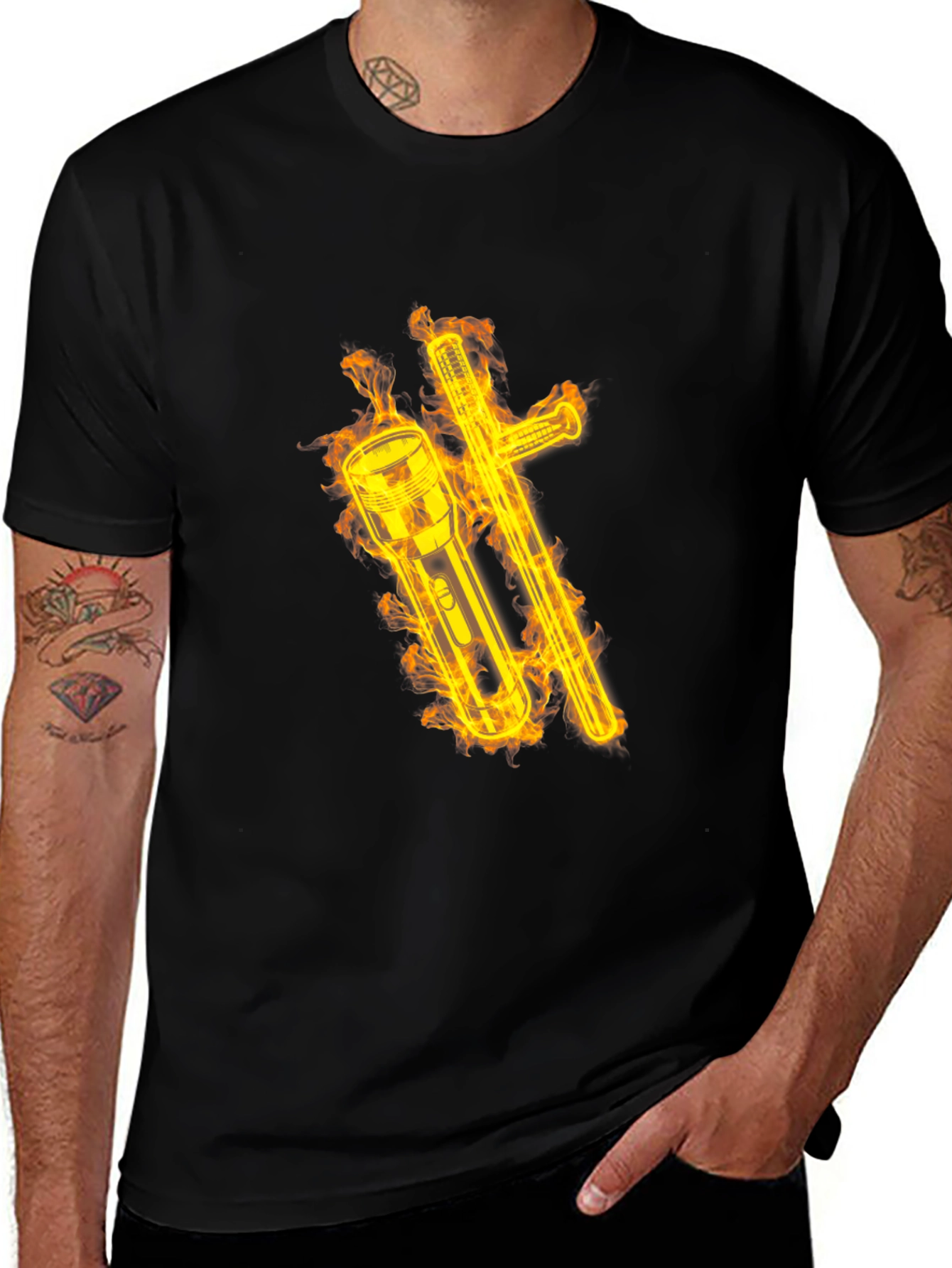 Variant 23 of Fiery Flashlight & Baton Graphic Tee - Black