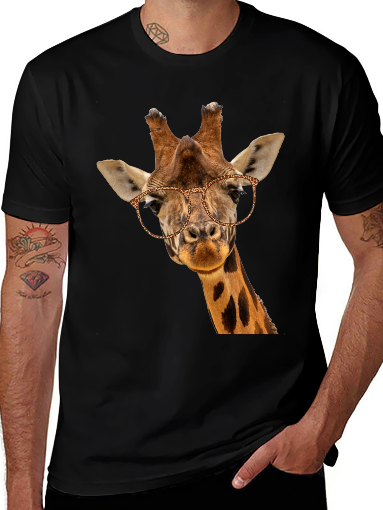 Variant 24 of Giraffe with Glasses Black T-Shirt - Novelty Animal Tee