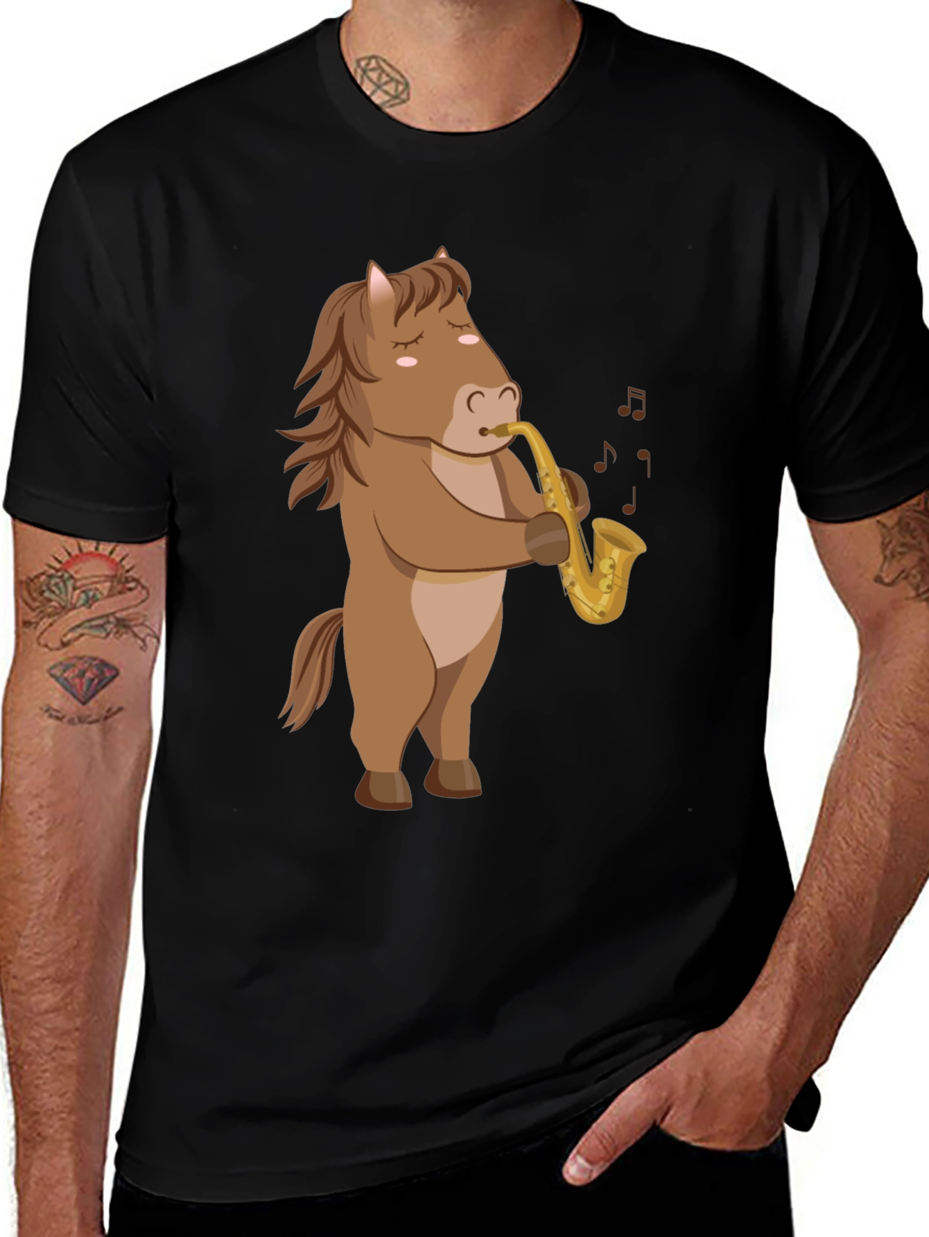 Variant 18 of Horse Saxophone T-Shirt: Funny Cartoon Music Tee