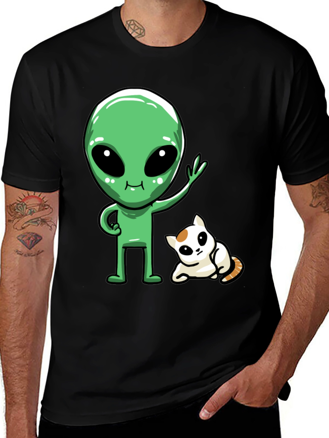 Variant 28 of Alien and Cat Graphic Tee - Black
