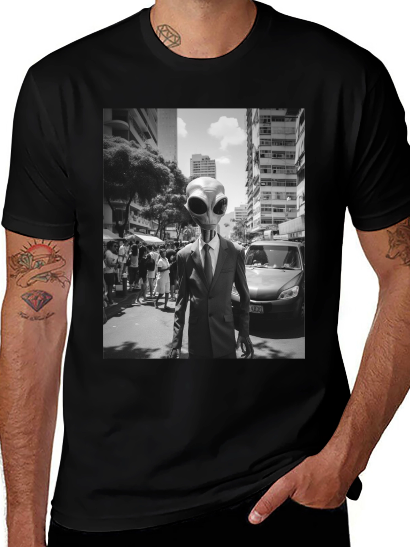Variant 28 of Alien in Suit Graphic Tee - Black Cotton T-Shirt
