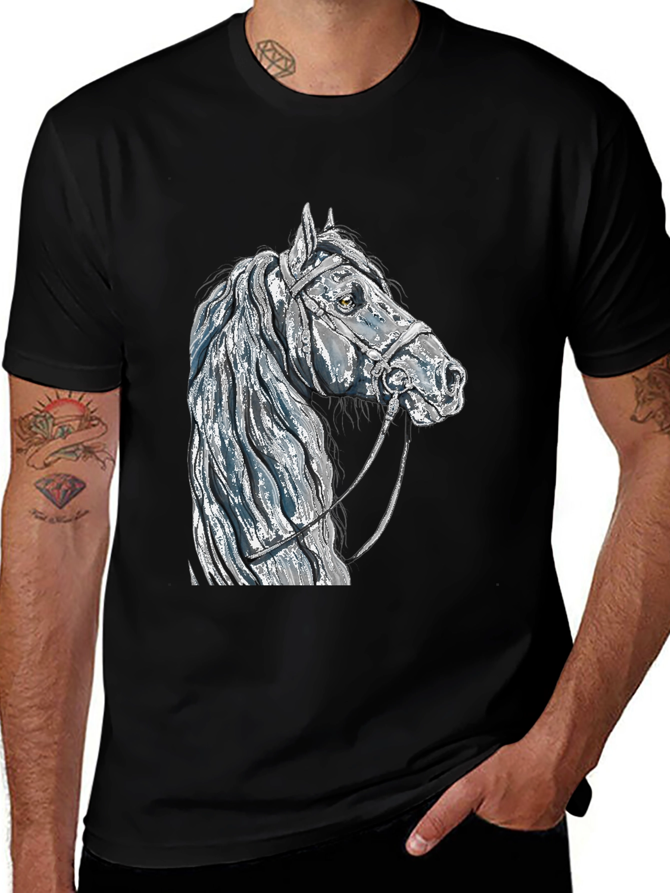 Variant 17 of Horse Head Graphic Tee - Black Cotton Blend T-Shirt