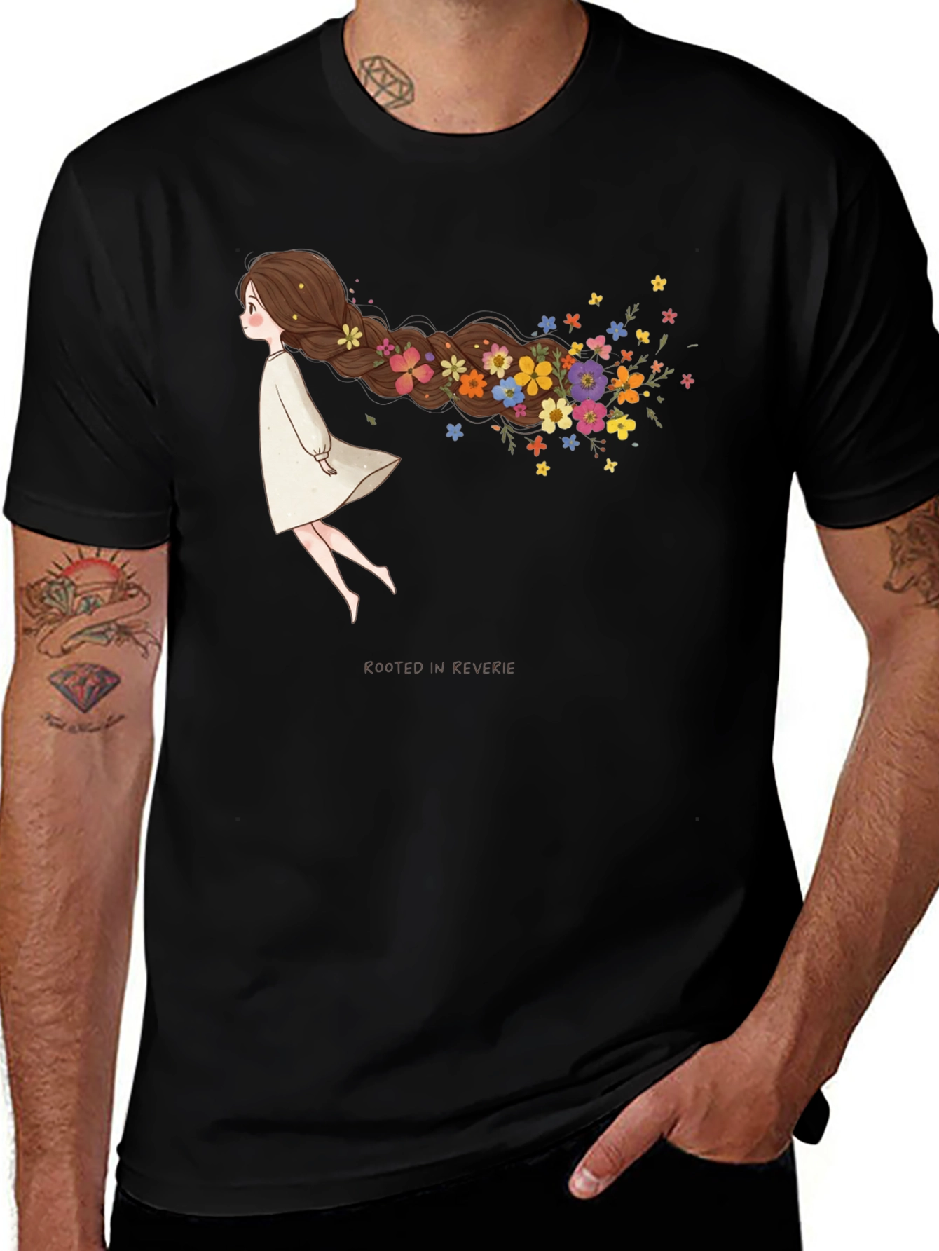 Variant 21 of Floral Girl Graphic Tee - Black Cotton T-Shirt