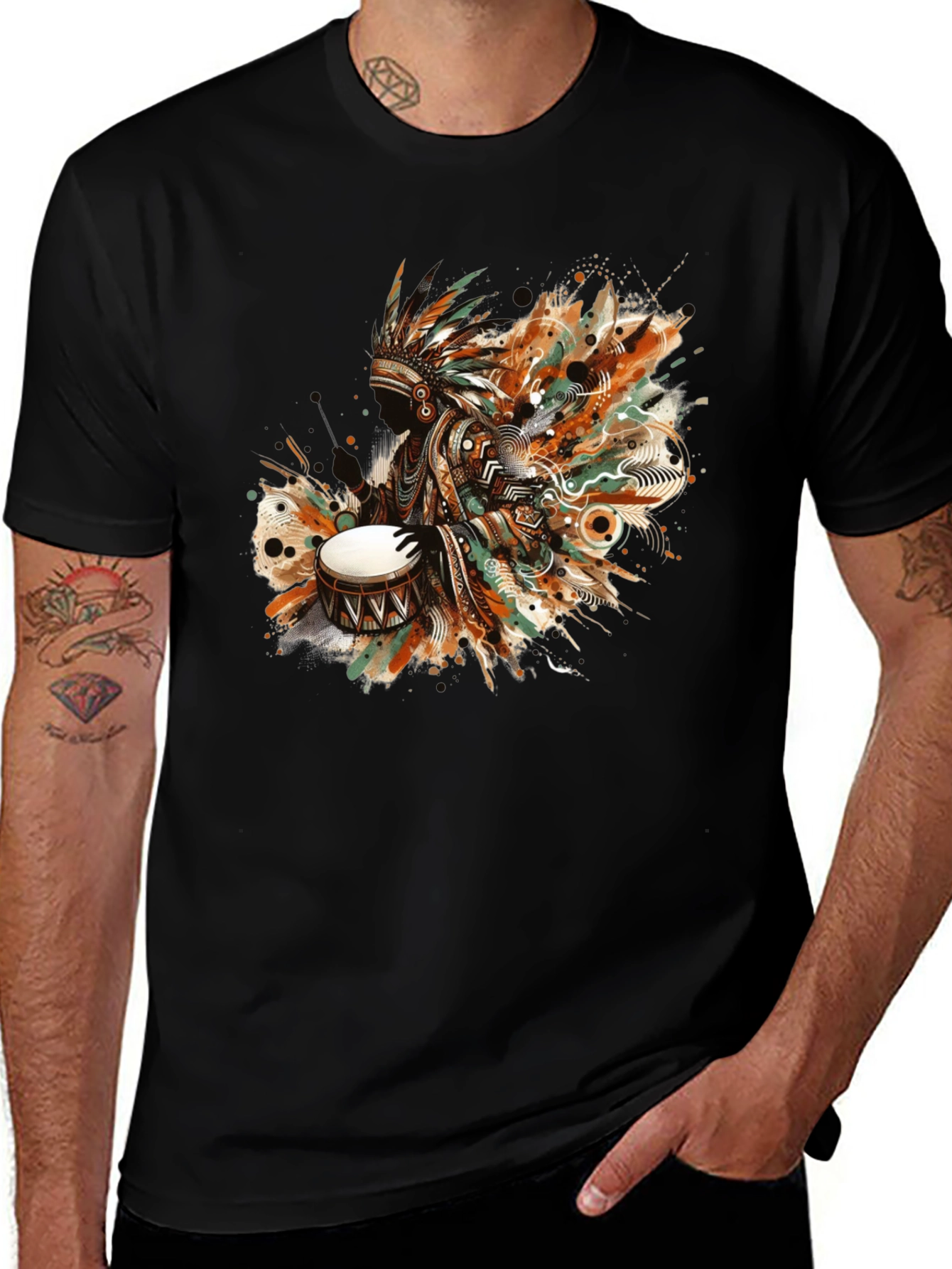 Variant 27 of Native American Drummer Graphic Tee - Black