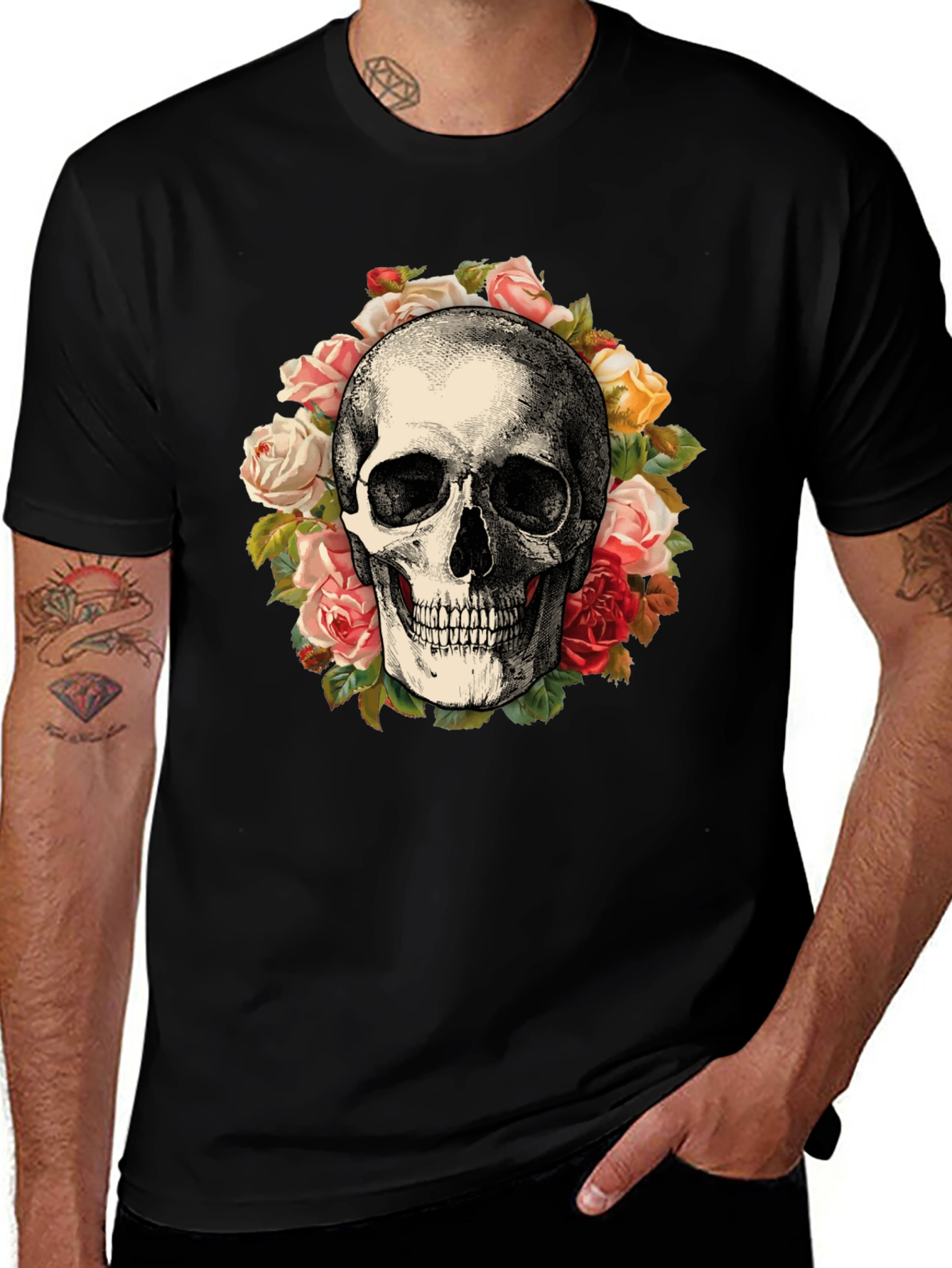 Variant 5 of Skull & Roses Graphic Print Black T-Shirt