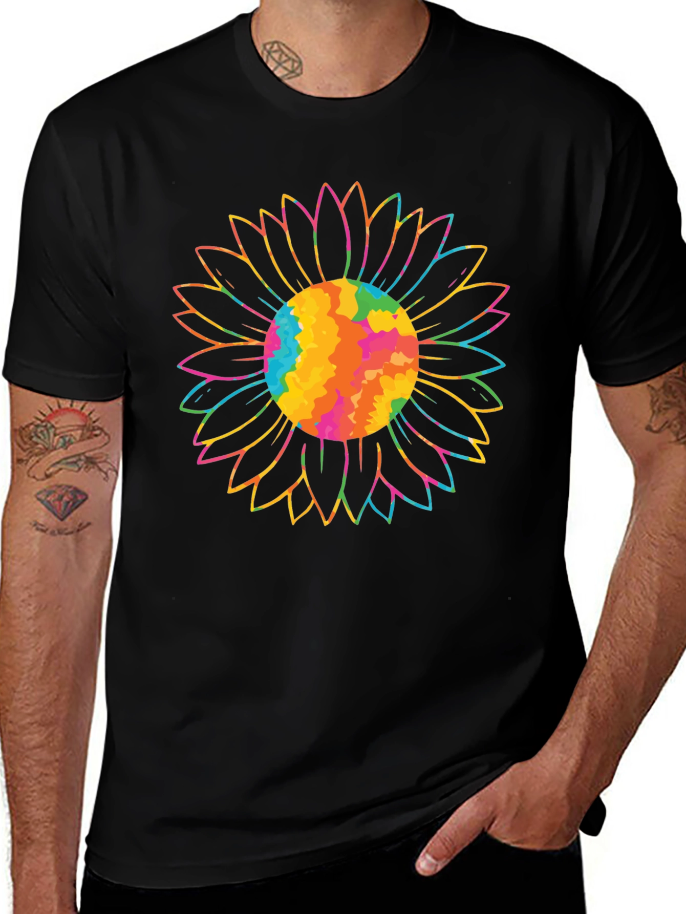 Variant 22 of Rainbow Sunflower Graphic T-Shirt - Black Cotton Tee
