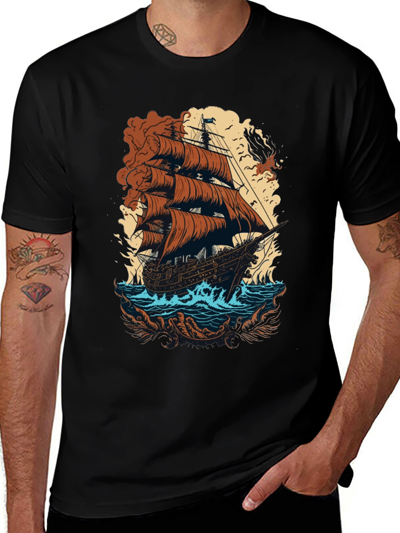 Vintage Ship Graphic Tee - Black Cotton T-Shirt