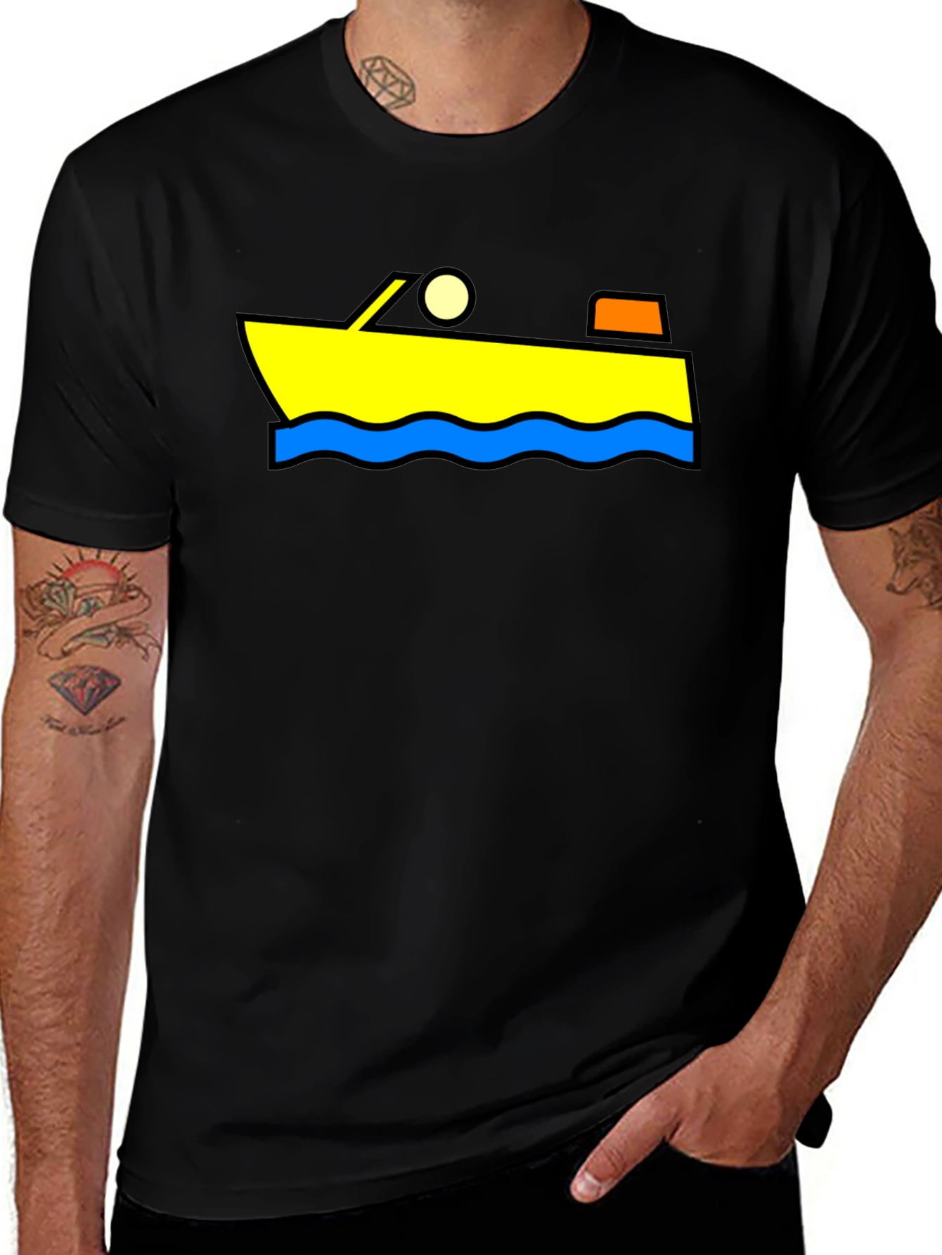Cartoon Boat Graphic Tee - Black Cotton T-Shirt