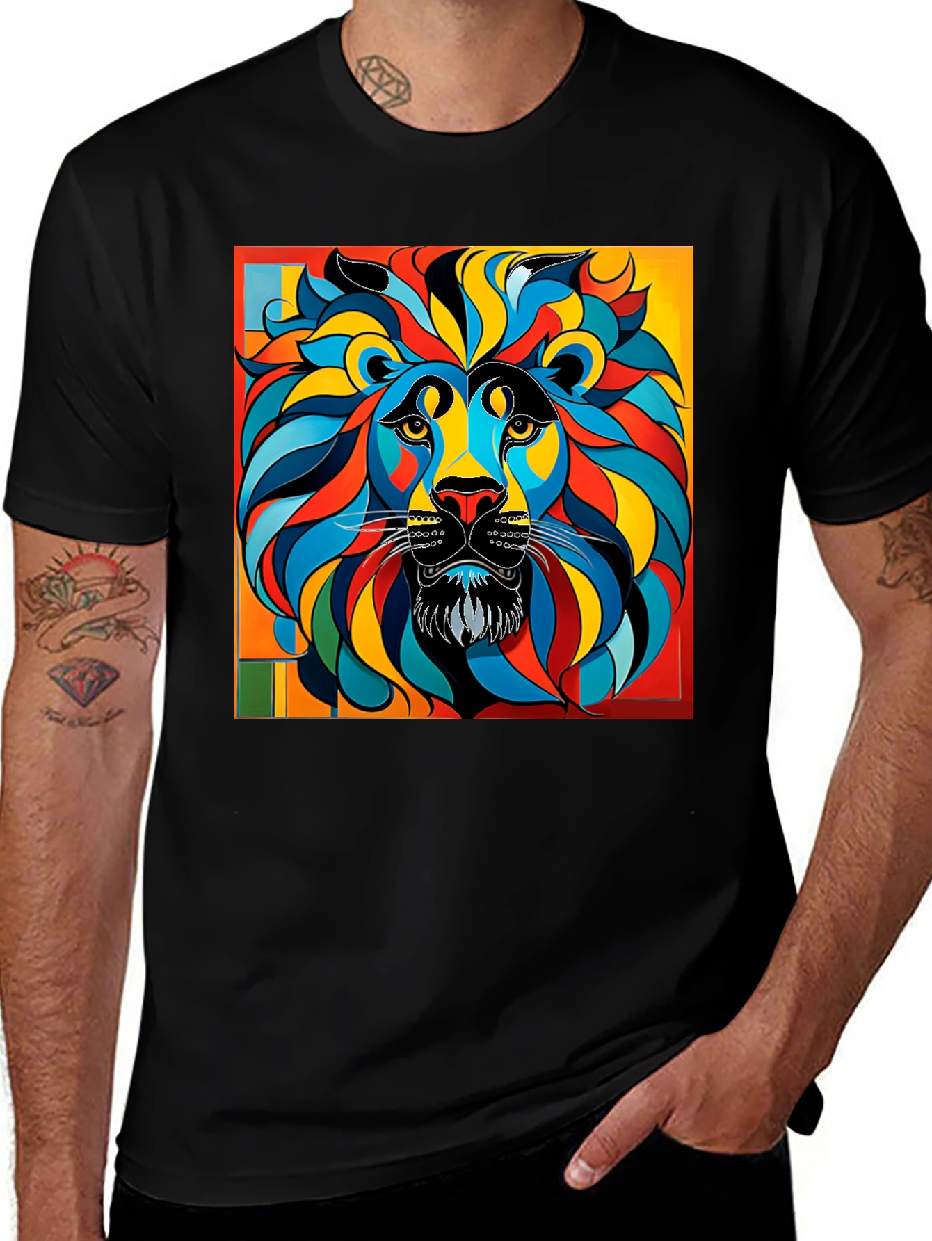 Variant 7 of Colorful Lion Graphic Tee - Black Cotton T-Shirt