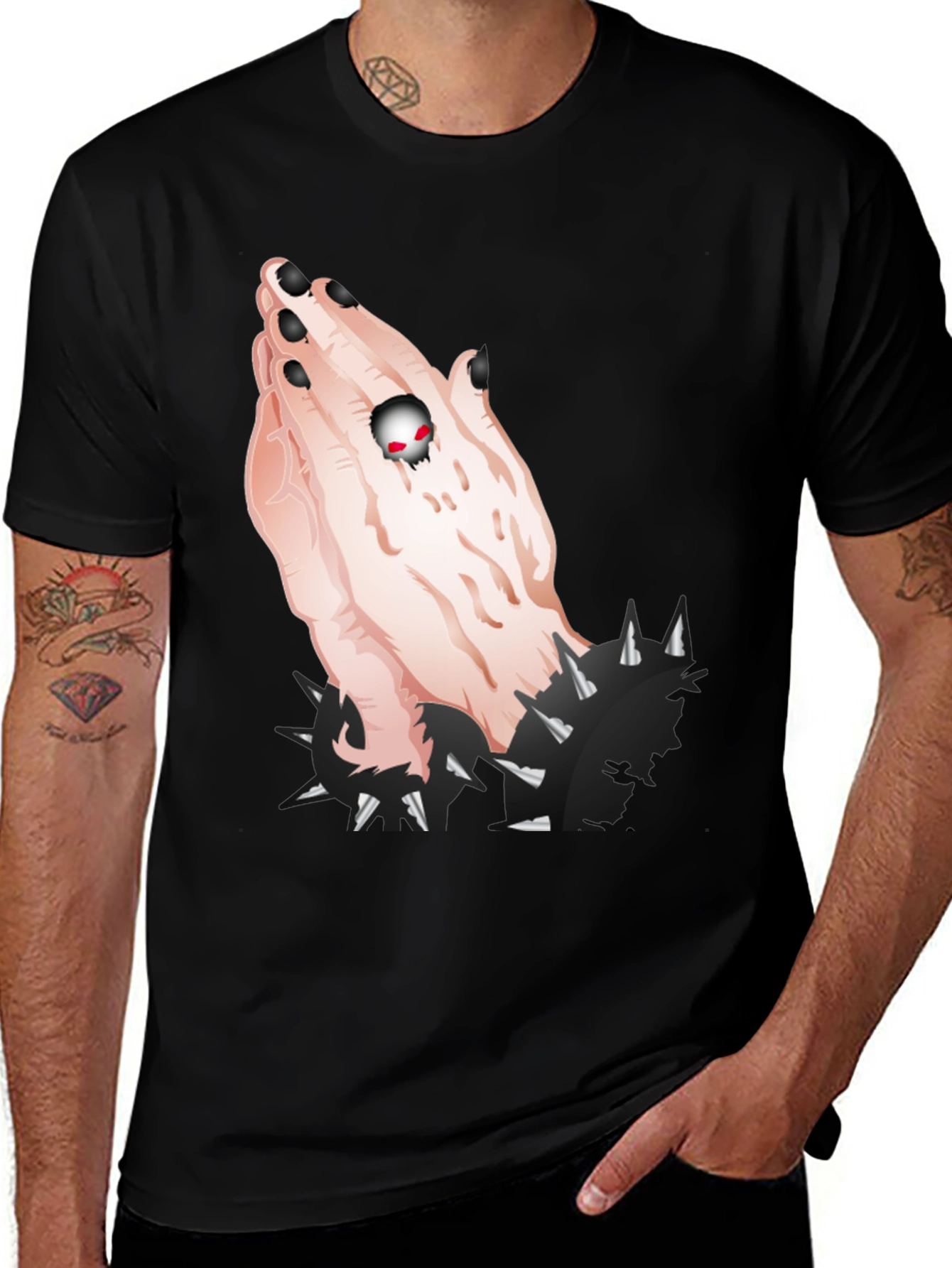 Variant 5 of Skull Ring Praying Hands Graphic Tee - Edgy Style