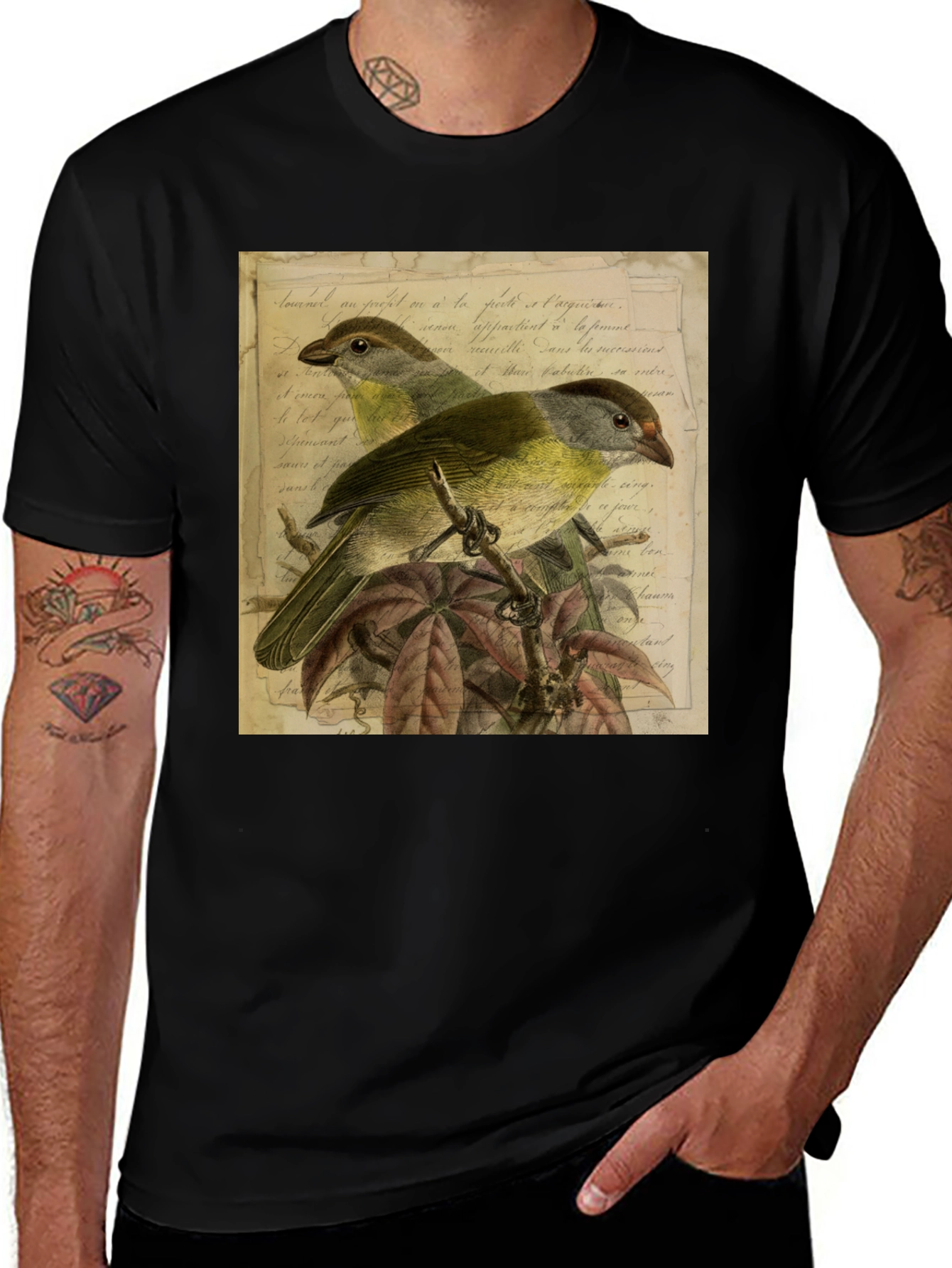 Variant 19 of Vintage Bird Print Black T-Shirt