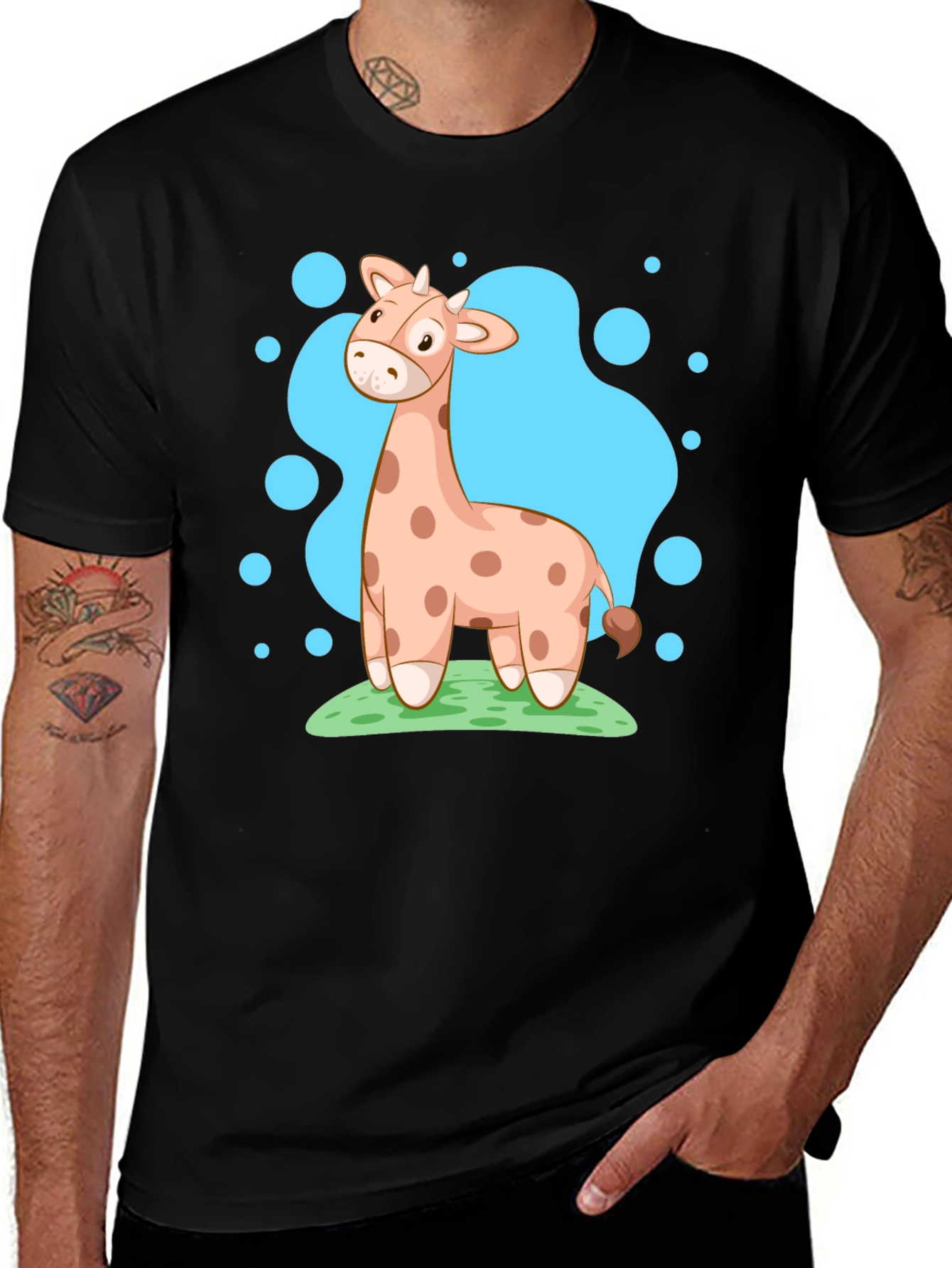 Variant 21 of Giraffe Cartoon Graphic Tee - Black Cotton Shirt