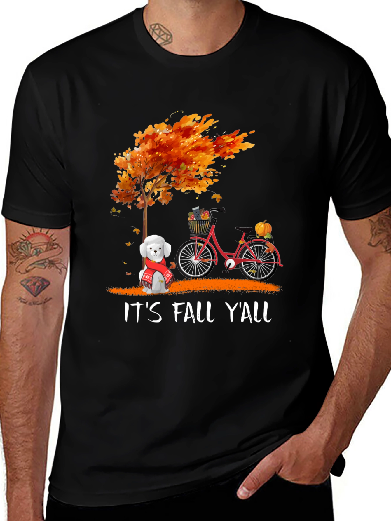 Variant 19 of Fall Y'all T-Shirt: Autumn Tree, Dog, & Bike Design