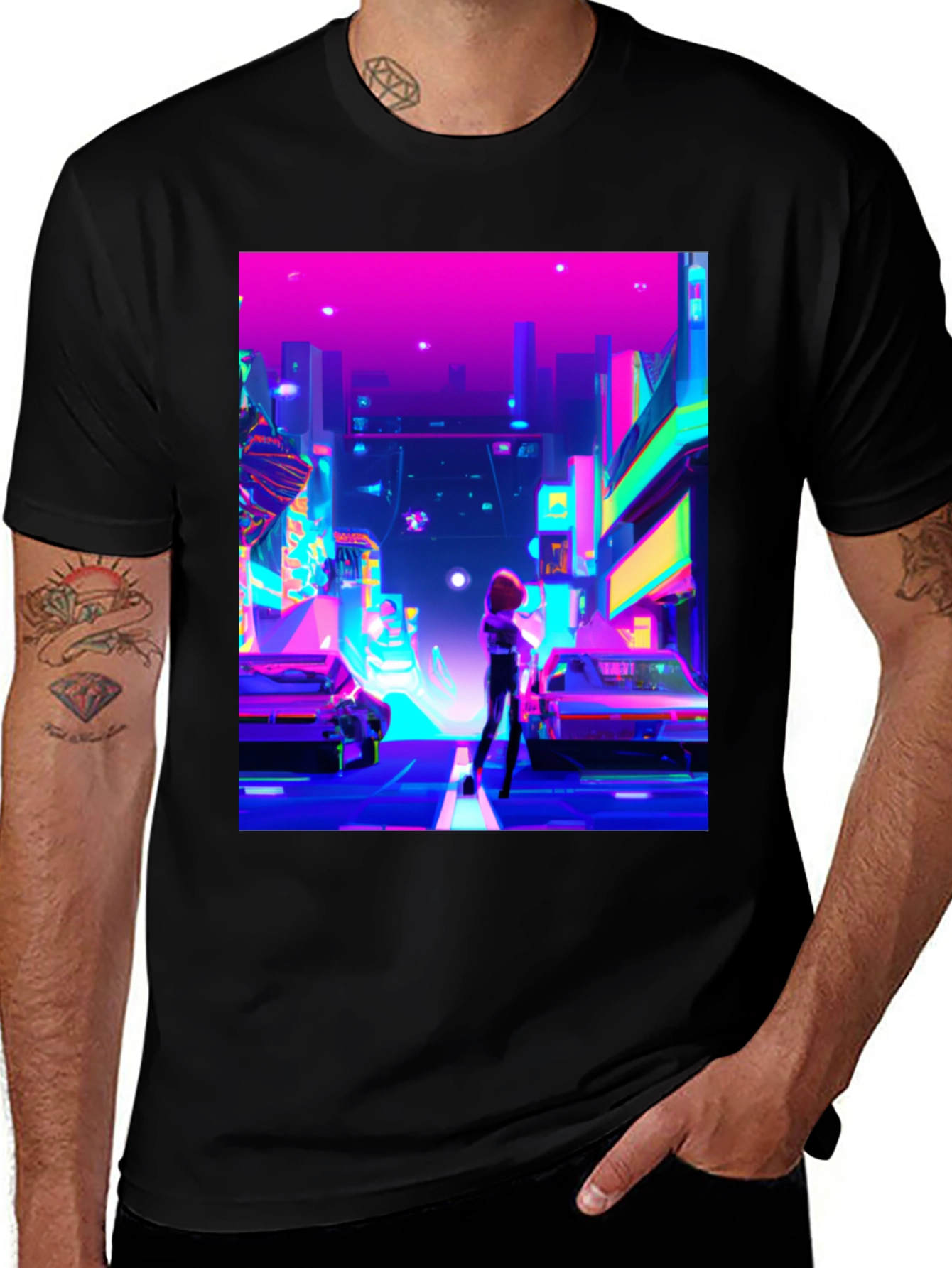 Black Neon Cityscape T-Shirt - Futuristic Style main image