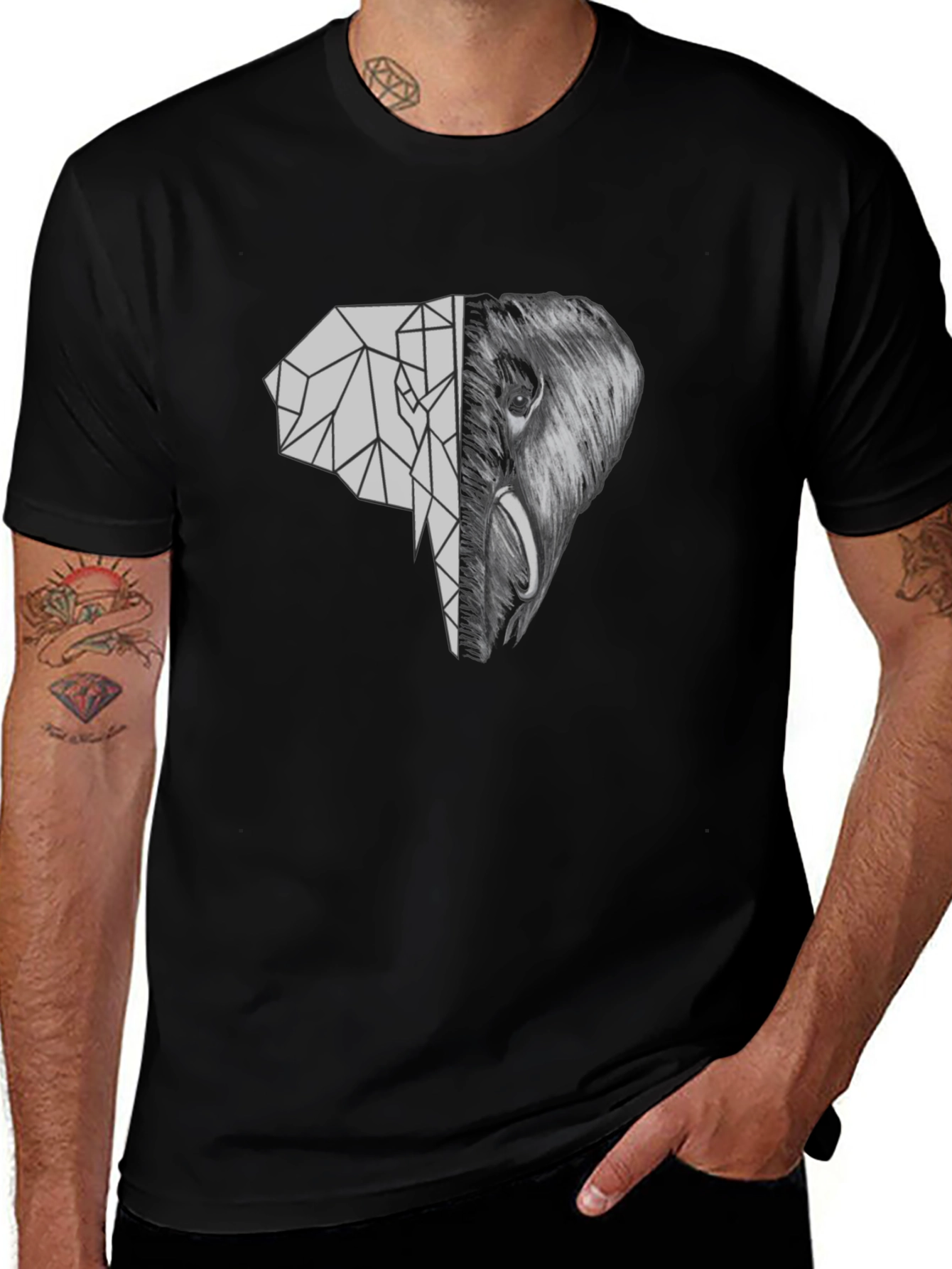 Variant 9 of Geometric Elephant Graphic Tee - Unique Black T-Shirt