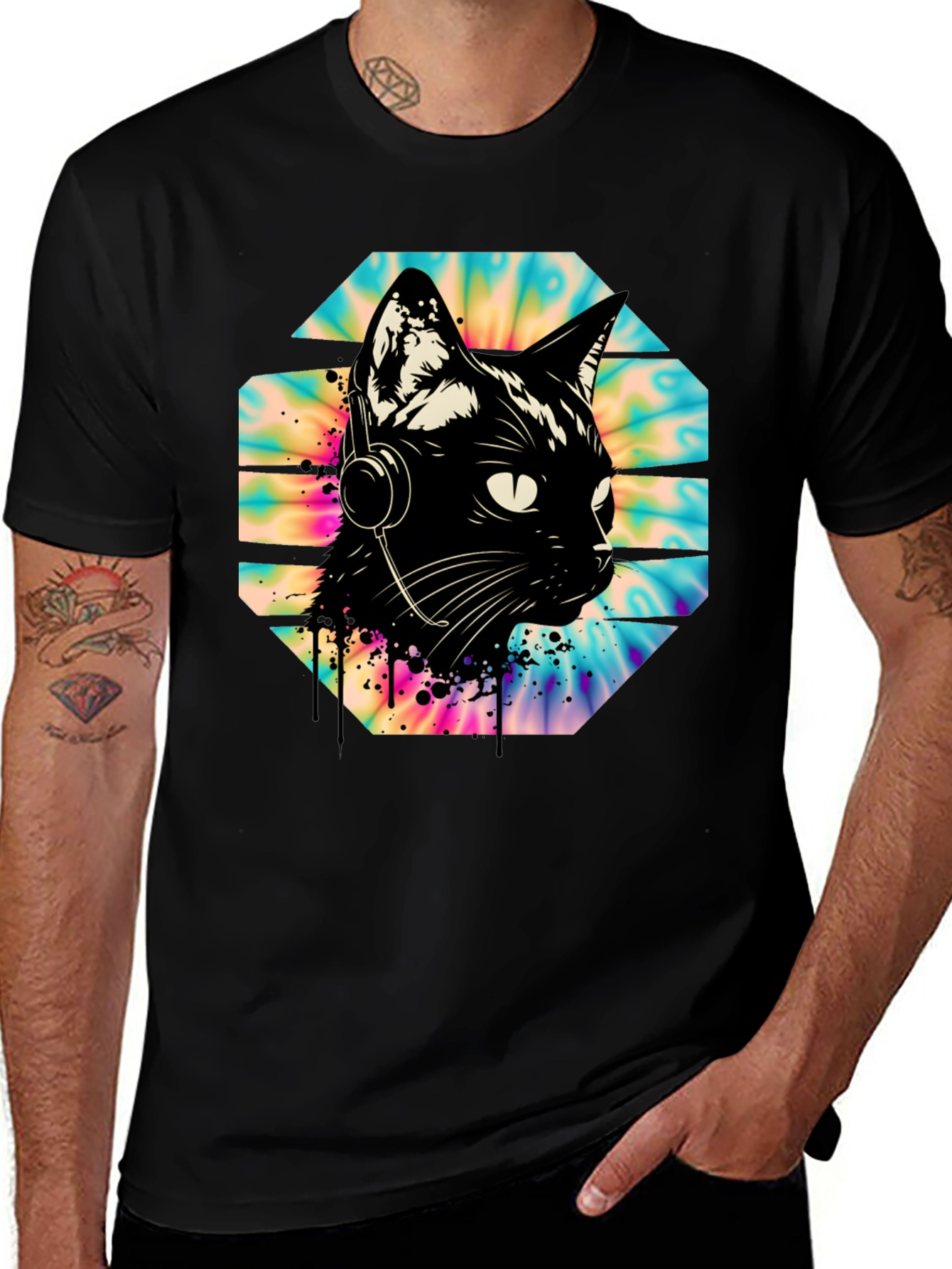Variant 14 of Cool Cat Gamer T-Shirt - Black Tee with Headset Design