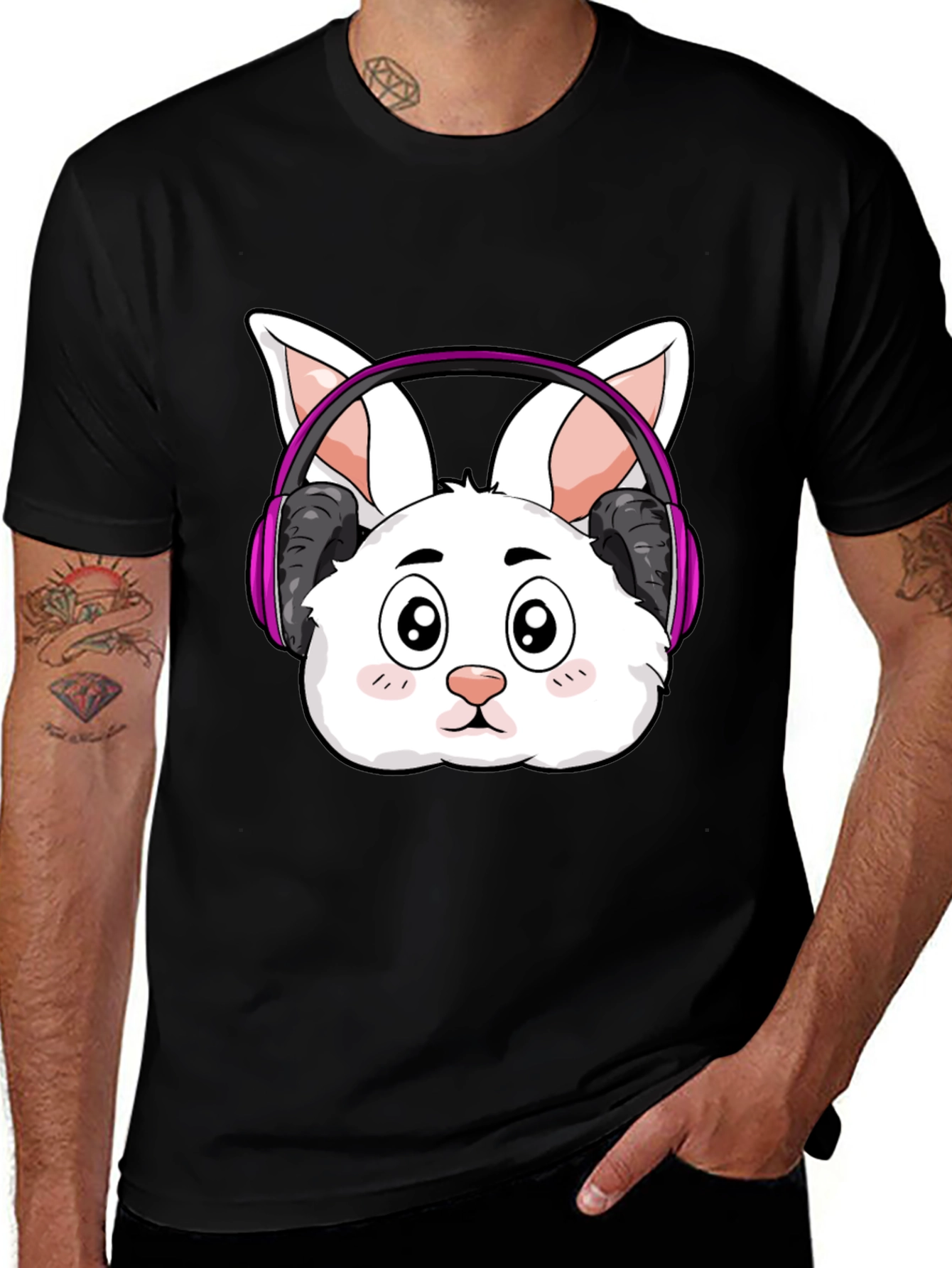 Variant 2 of Cute Bunny DJ Black T-Shirt