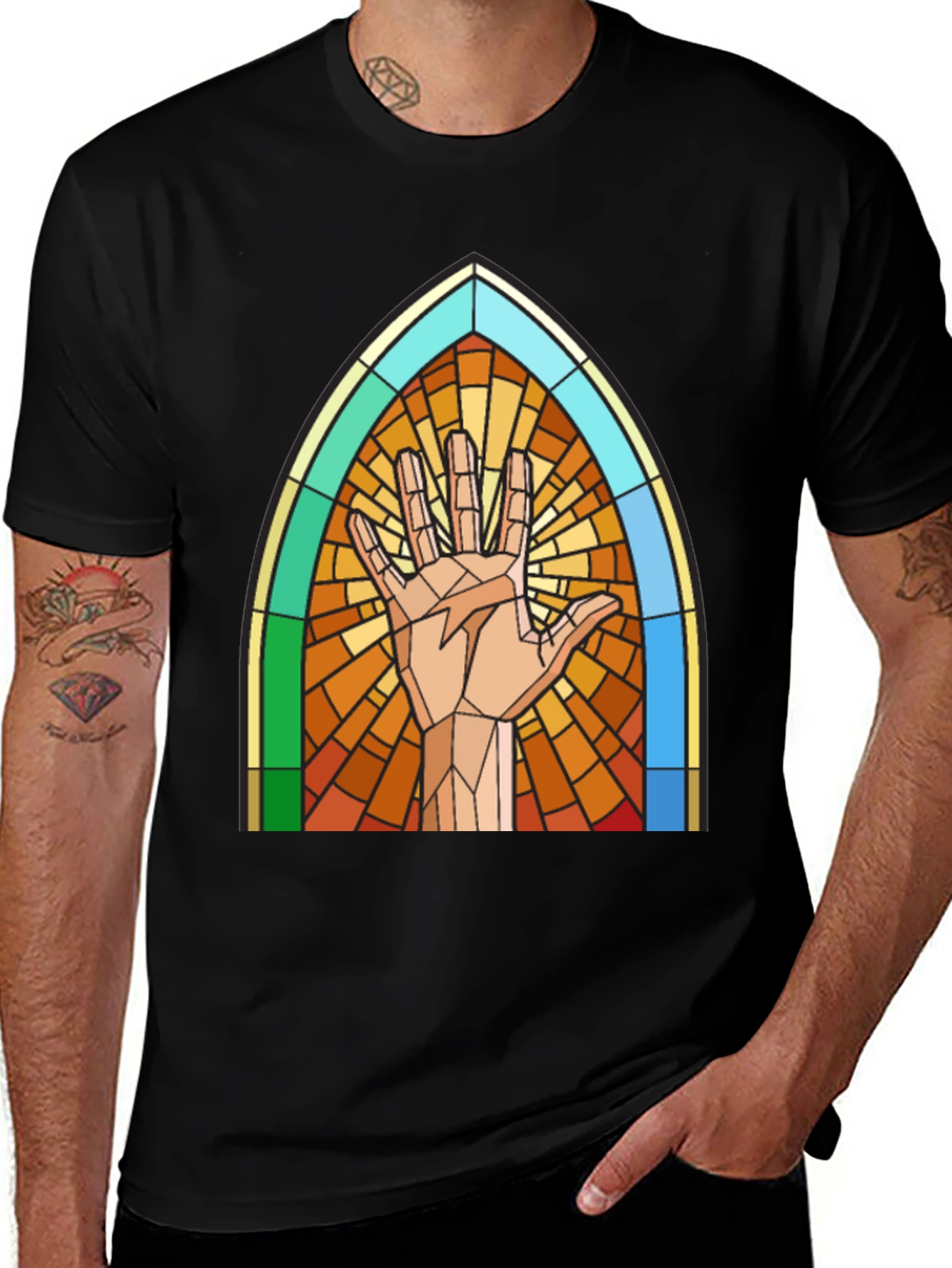Variant 17 of Stained Glass Hand Graphic Tee - Unique Design T-Shirt