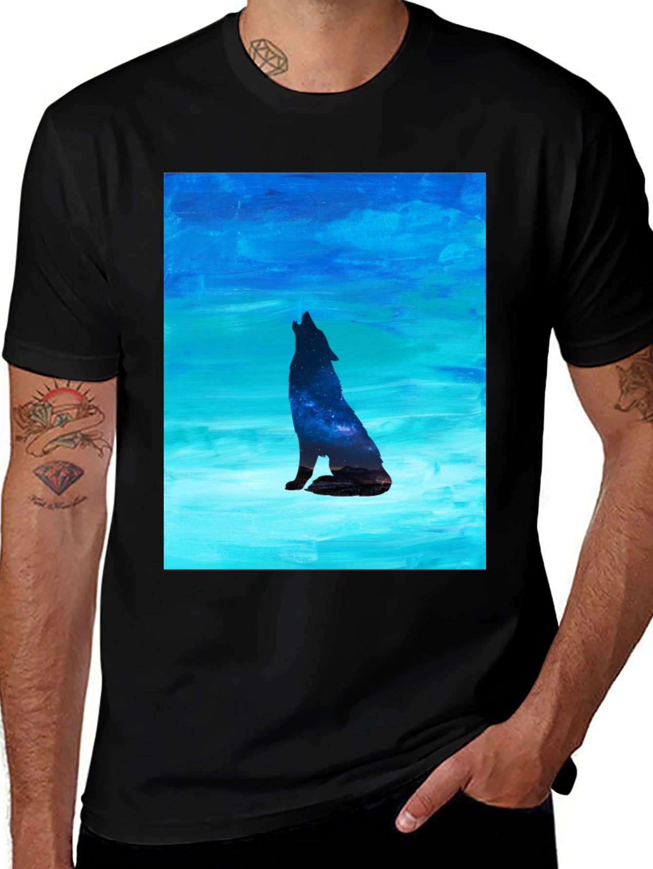 Variant 3 of Howling Wolf Galaxy Print Black T-Shirt