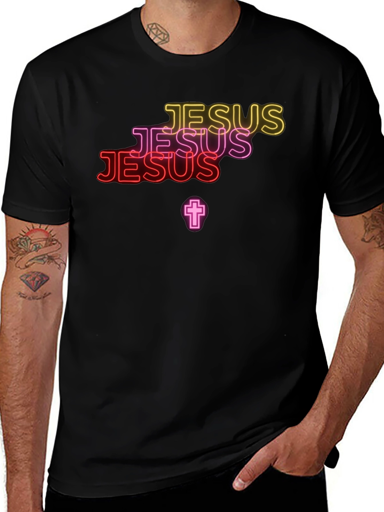 Neon Jesus Graphic Print Black Tee