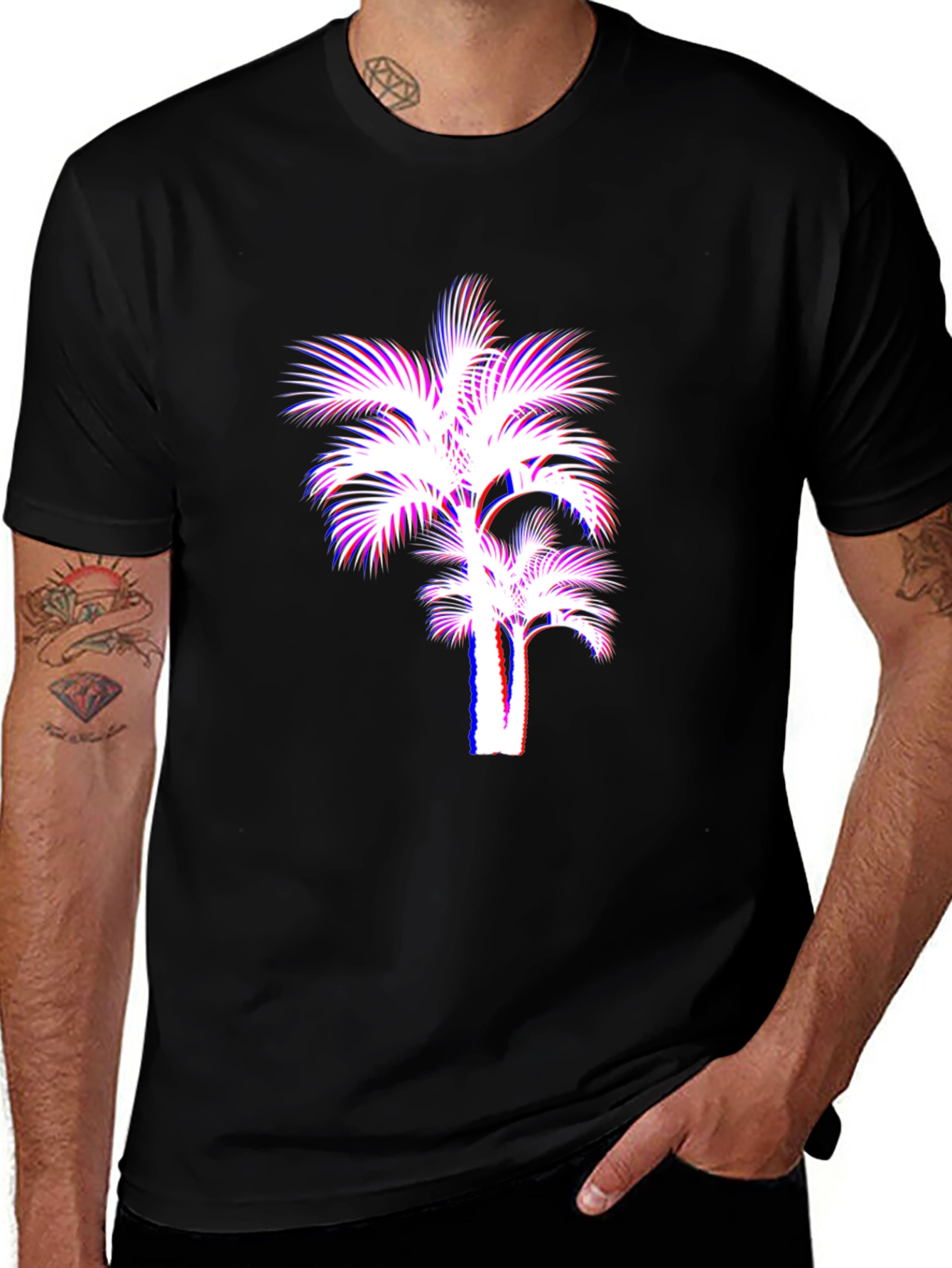 Variant 23 of Retro Palm Tree Graphic Tee - Black Cotton Blend
