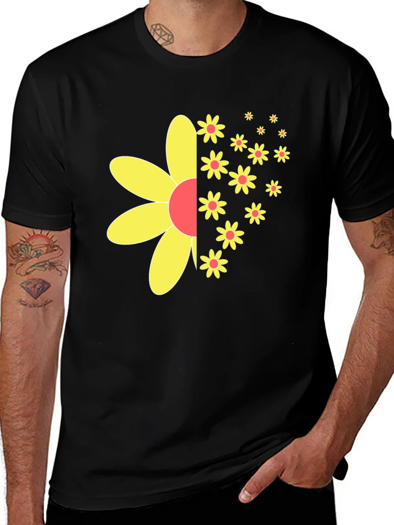 Variant 10 of Black T-Shirt with Half-Flower Graphic
