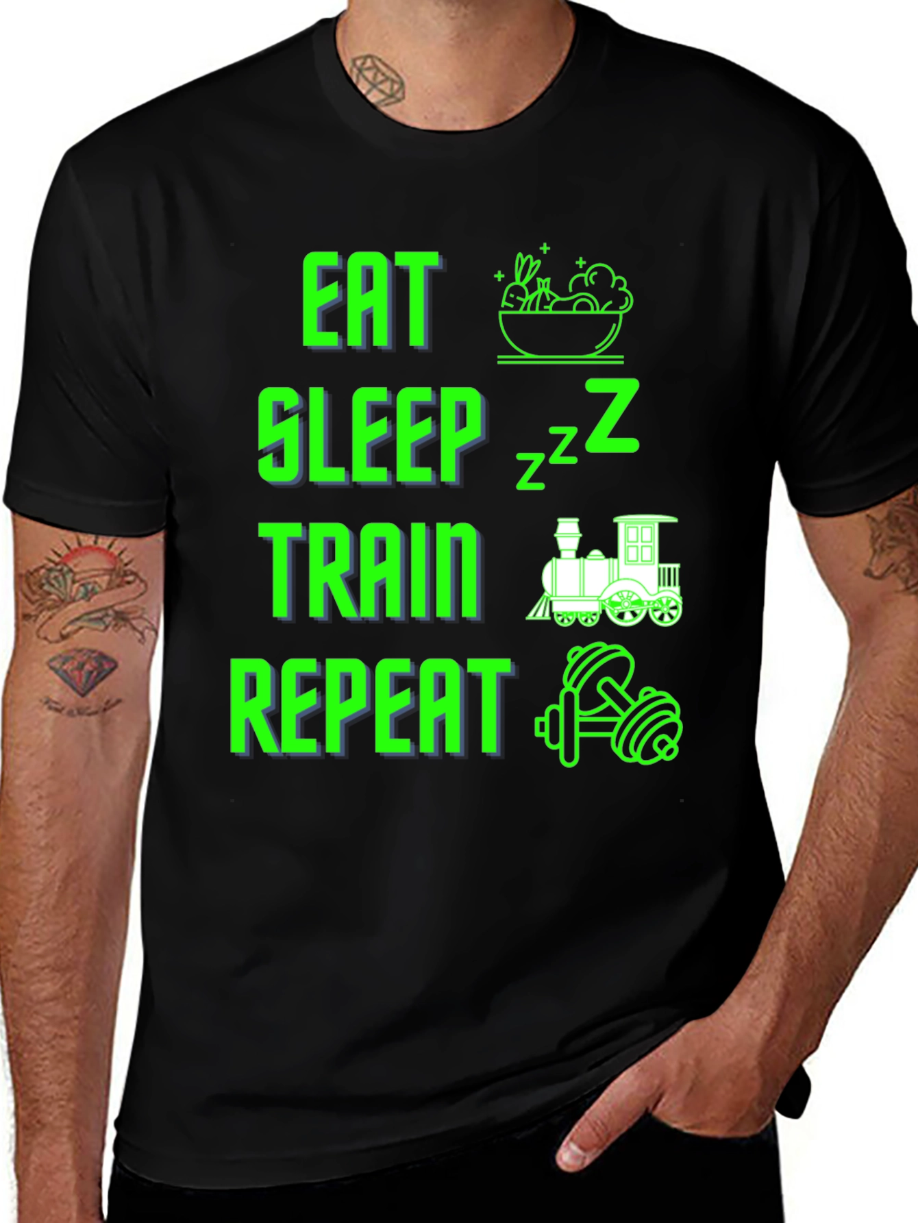 Eat Sleep Train Repeat Graphic Tee - Fitness Lifestyle Shirt