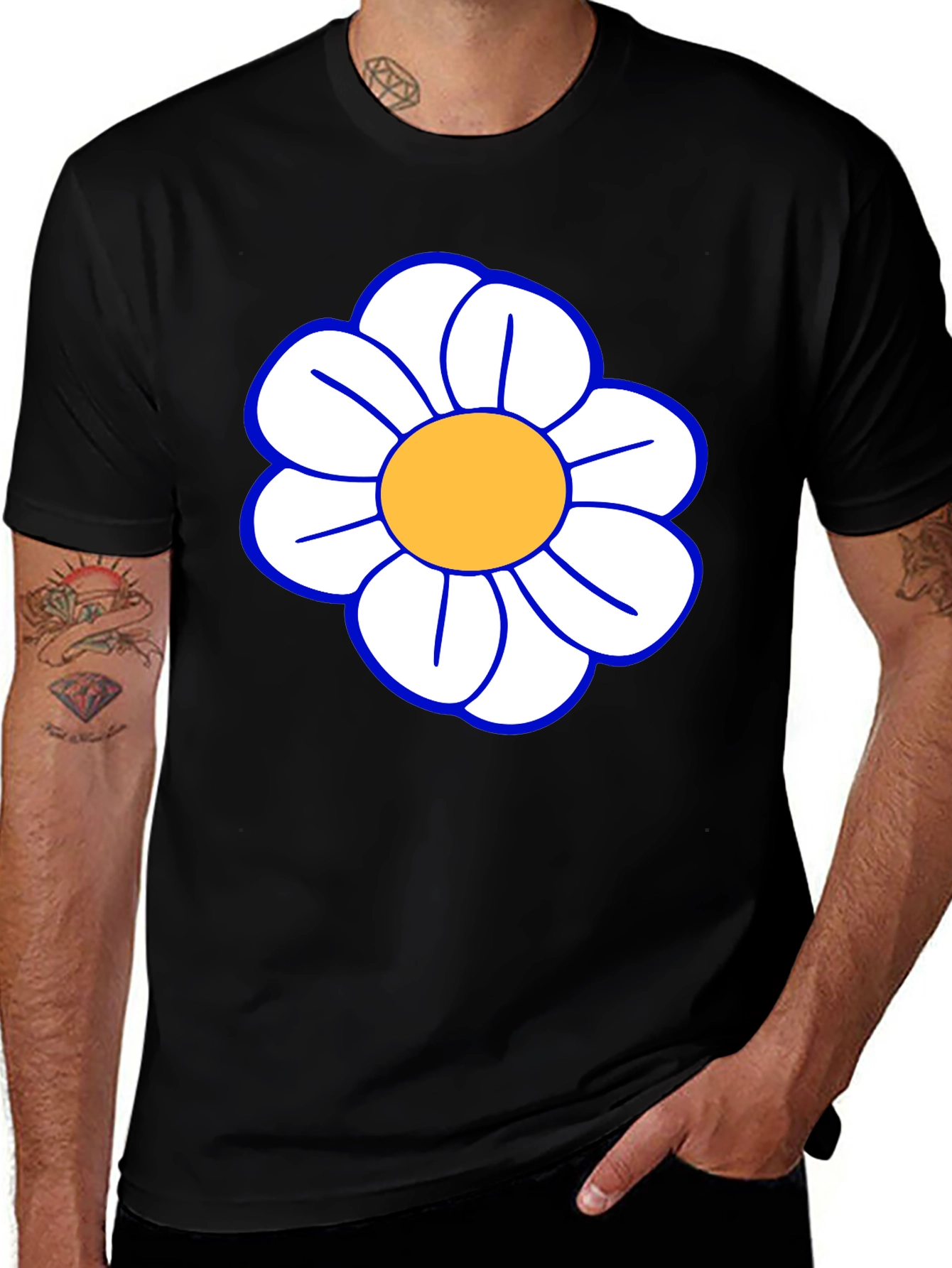 Variant 18 of Daisy Flower T-Shirt - Black Cotton Casual Tee