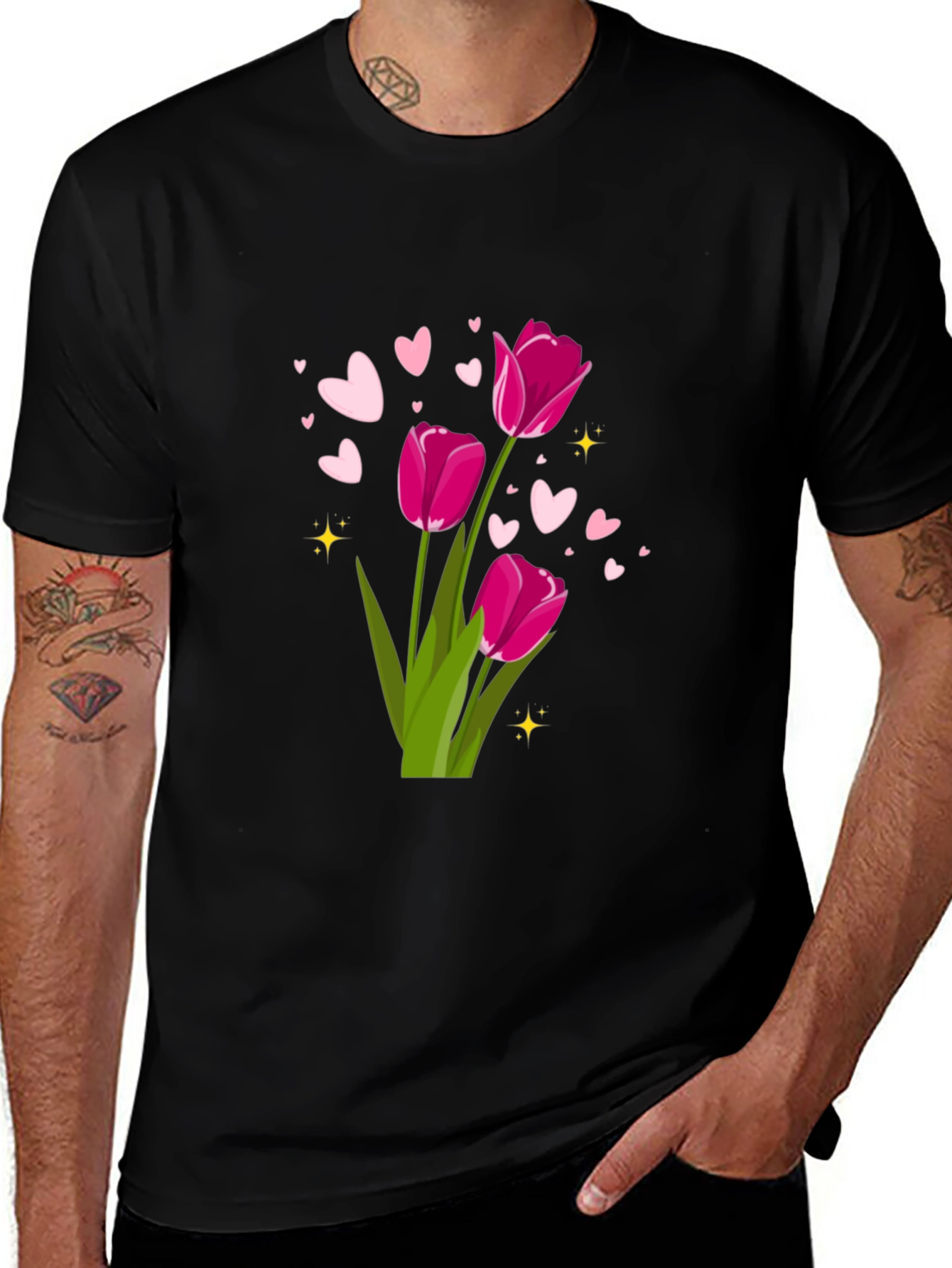 Variant 23 of Tulip Heart Graphic Tee - Soft Black Cotton Shirt